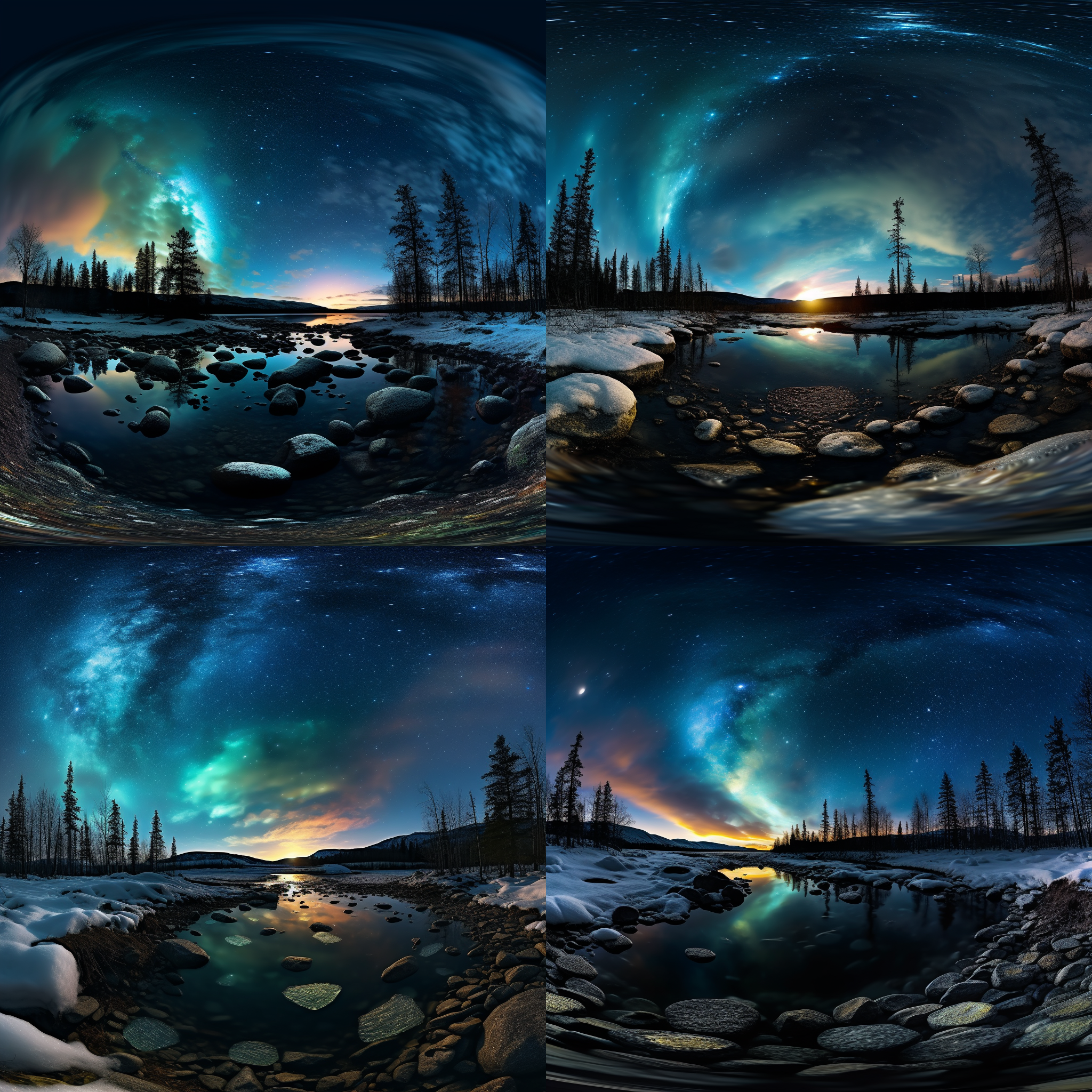 cg渲染，夜晚星空，透明的淡蓝天空，弯月倒影，树木，璀璨银河，冰川，巨大的蓝色玫瑰冰川，梦幻蓝色玫瑰，五彩缤纷的微小发光颗粒，美丽细节，极光，八核光影，超宽角镜头，全景摄影，虚拟引擎，体积光，反射光，光效，三维，16k高清。