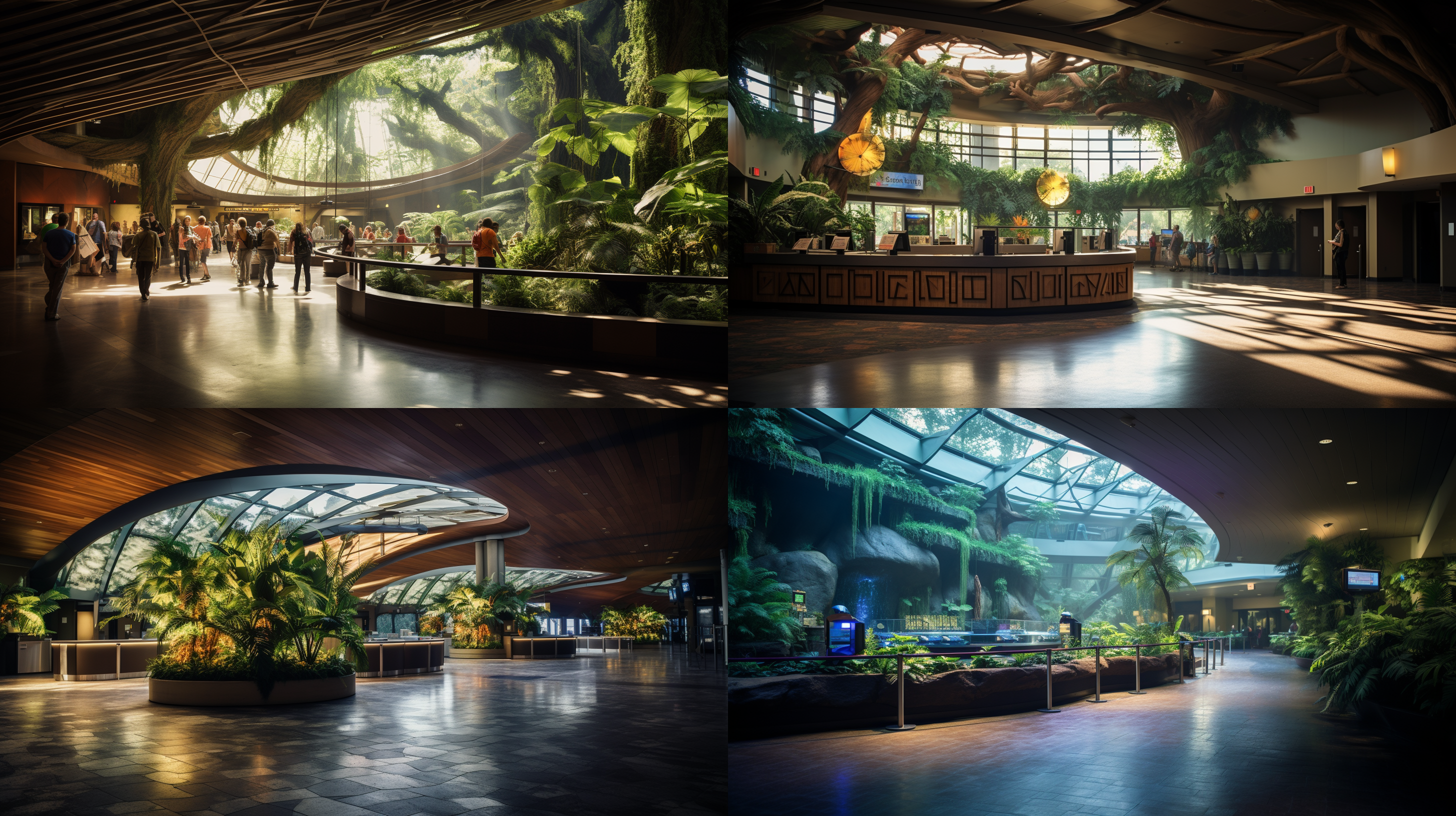 门票中心，入口，弧形墙引导，雨林风格，晨光照耀，自然色调，超广角镜头，环境光，游客排队，充满期待。