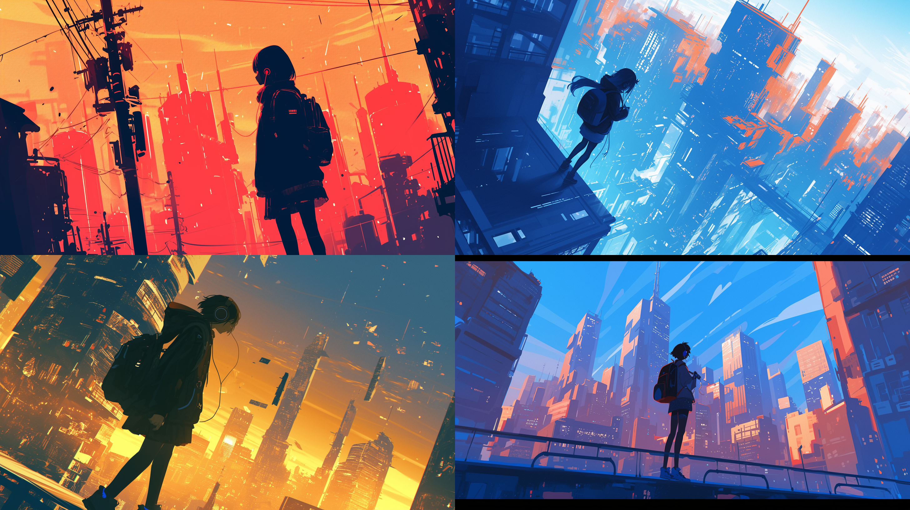 现代学生，背影，城市远景，穿着书包，戴着耳机，走在繁忙街道上，逆光，高楼大厦，冷色调，高角度俯视，匆忙，孤独。