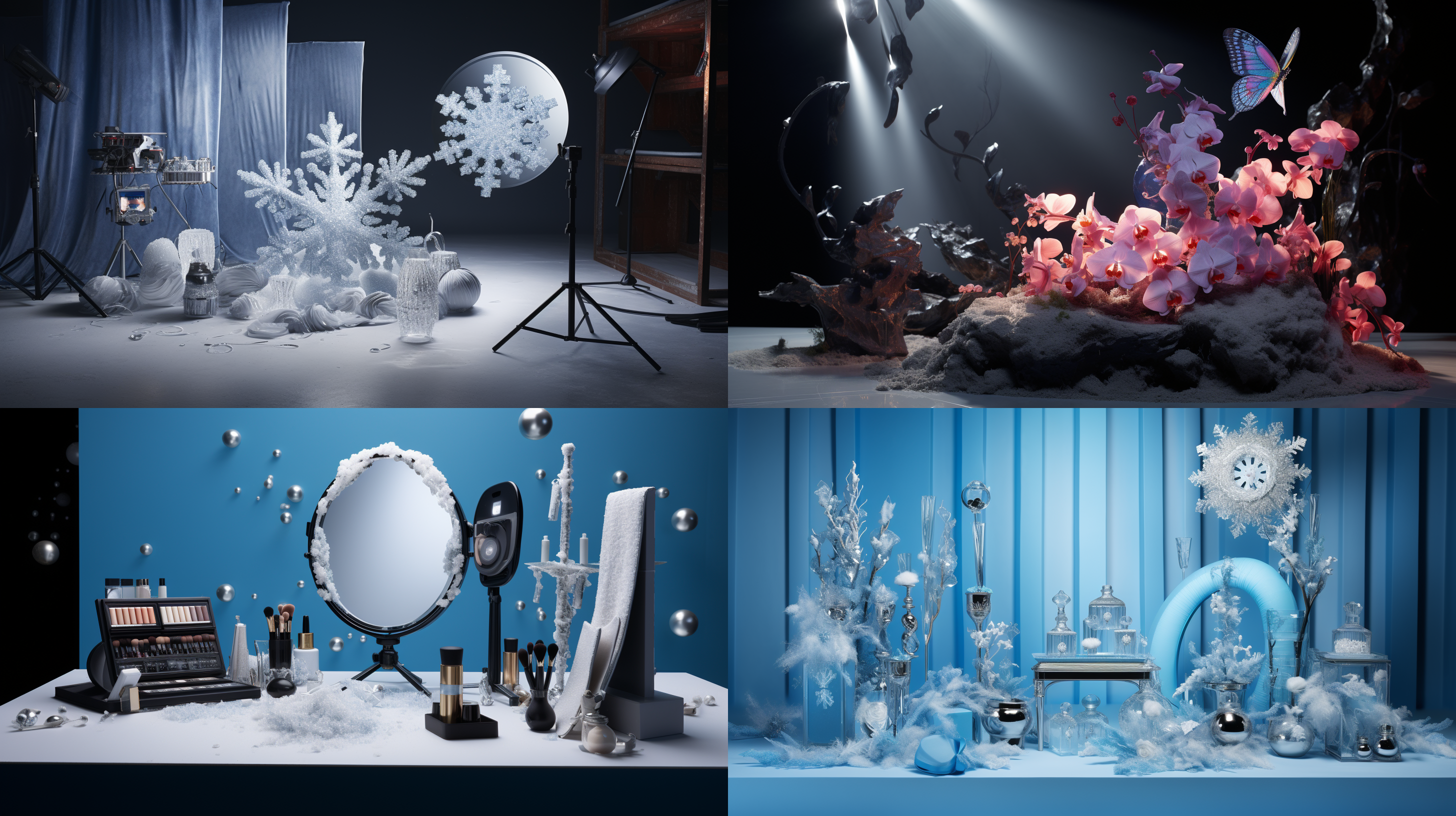 3d产品美颜拍摄，3d产品渲染，水壶放在黑色得展台上，摄影棚灯光，周围有装饰品，磨砂材质，8k，高细节，最佳质量，超细节，超高清