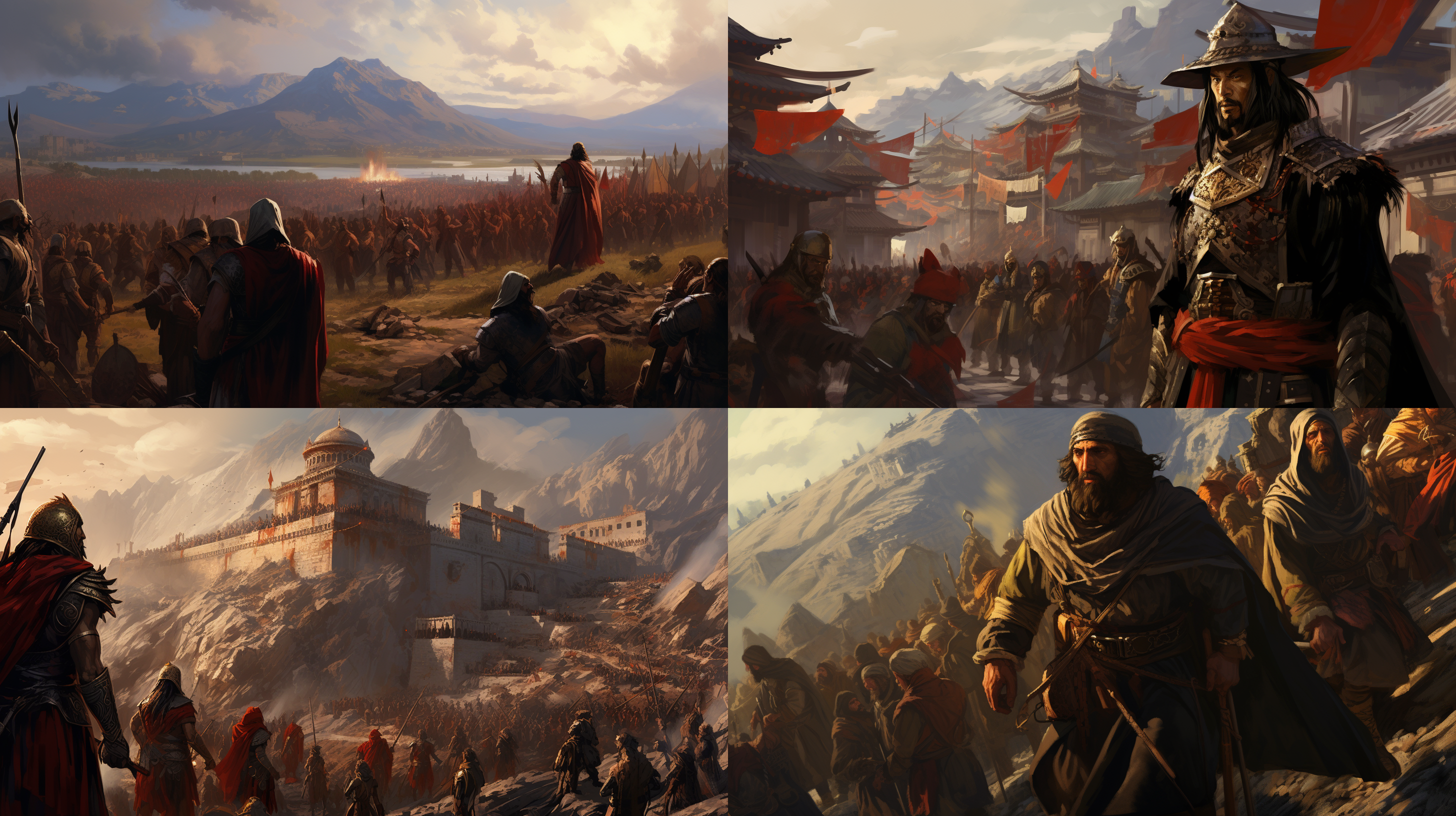 古装画面，全景构图，古代战场，山顶城市，传统绘画风格，点阵效果，头饰，远处战斗，烟雾弥漫，素描线条，斜视角度，高对比度，紧张情绪。