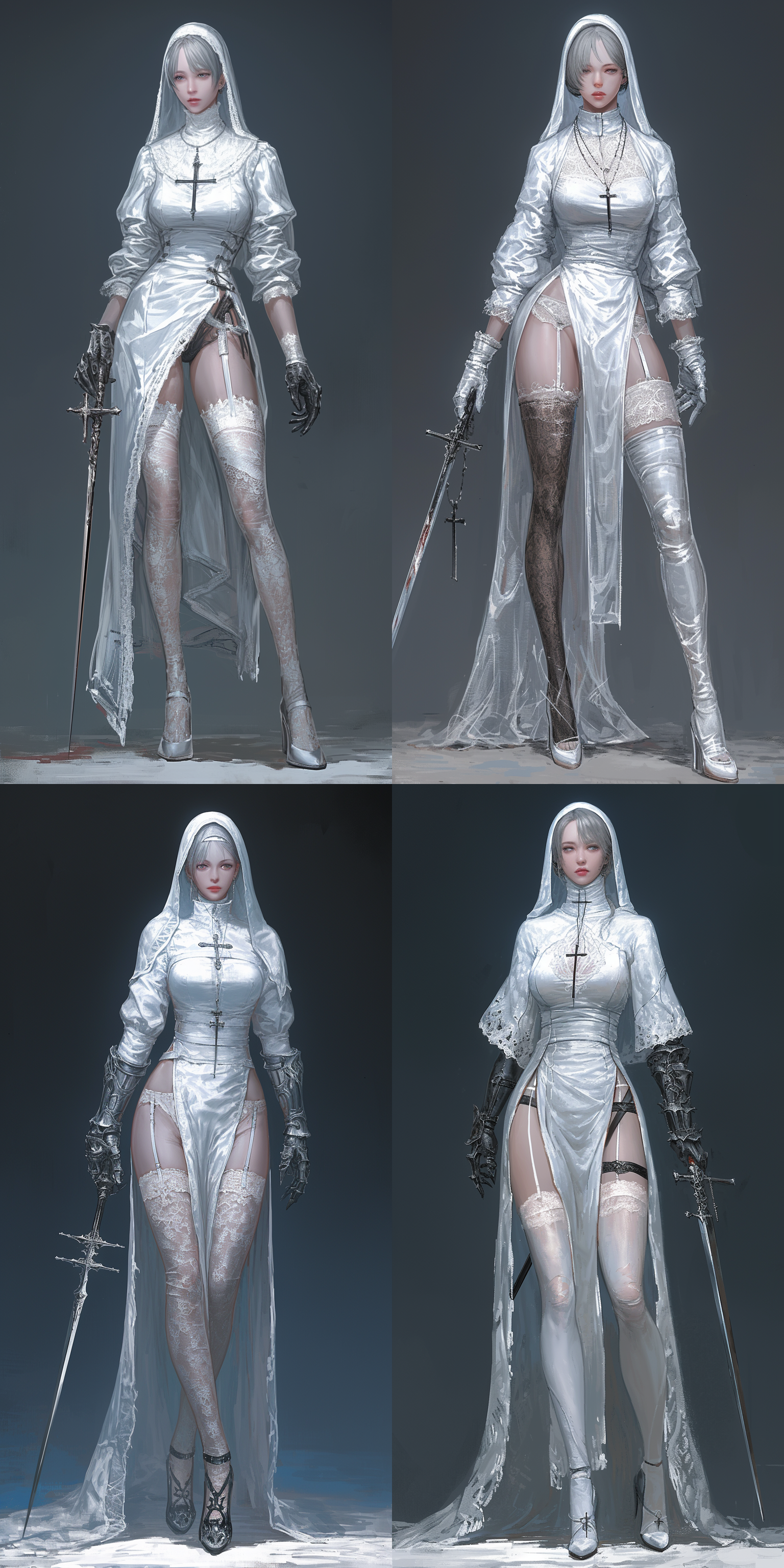 devil，women，粉色眼睛，灰色头发，修女服，长矛，丝袜，高跟鞋，哥特教堂内，奇幻，全身，真实比例，6k 虚幻引擎 三维 oc渲染器