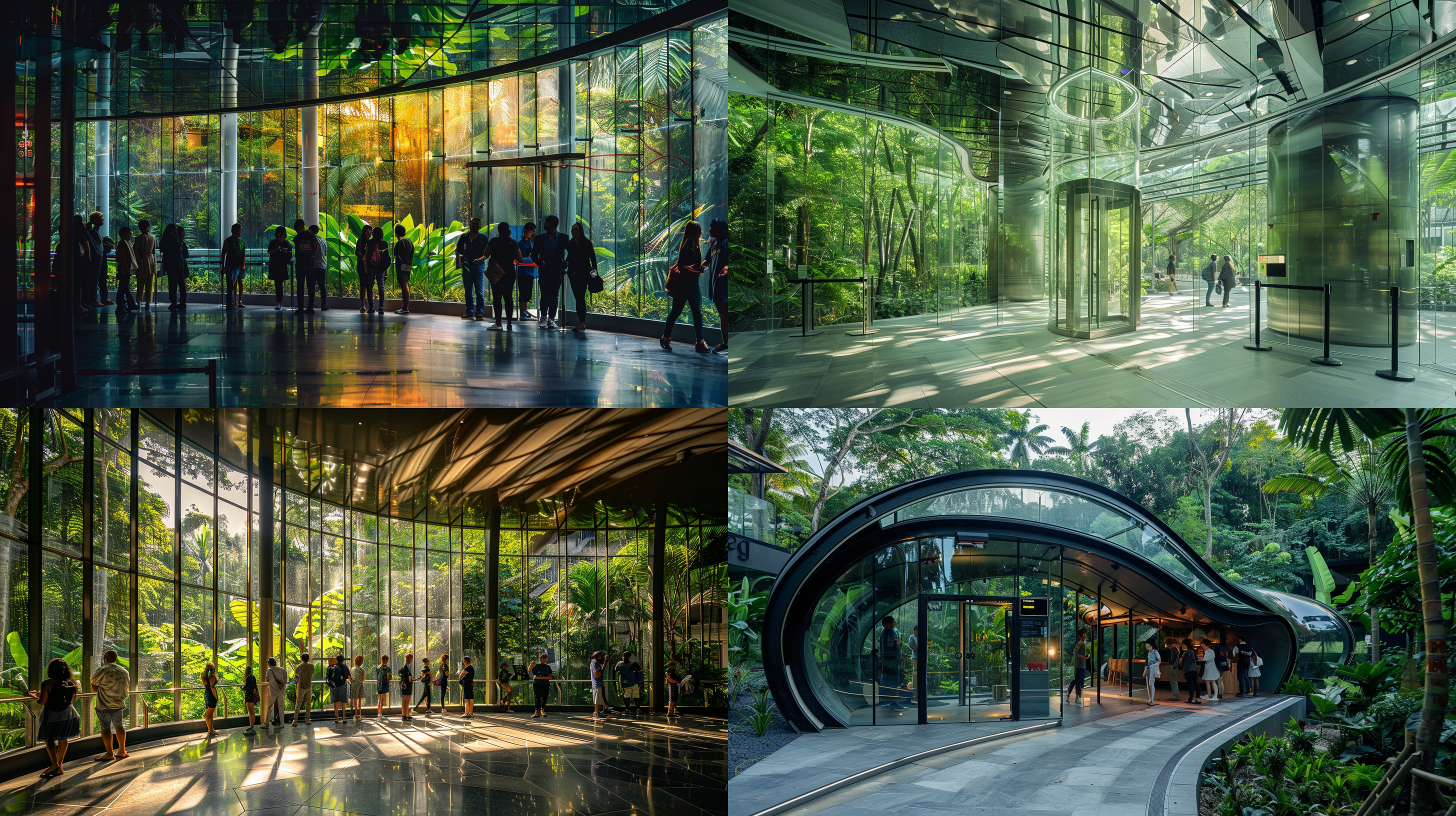 ticket center, entrance, glass arc wall guide, rain forest style, morning light, natural colors, super wide angle lens, ambient light, visitors line up, full of expectations.glass architectural shape, gorgeous and unique style