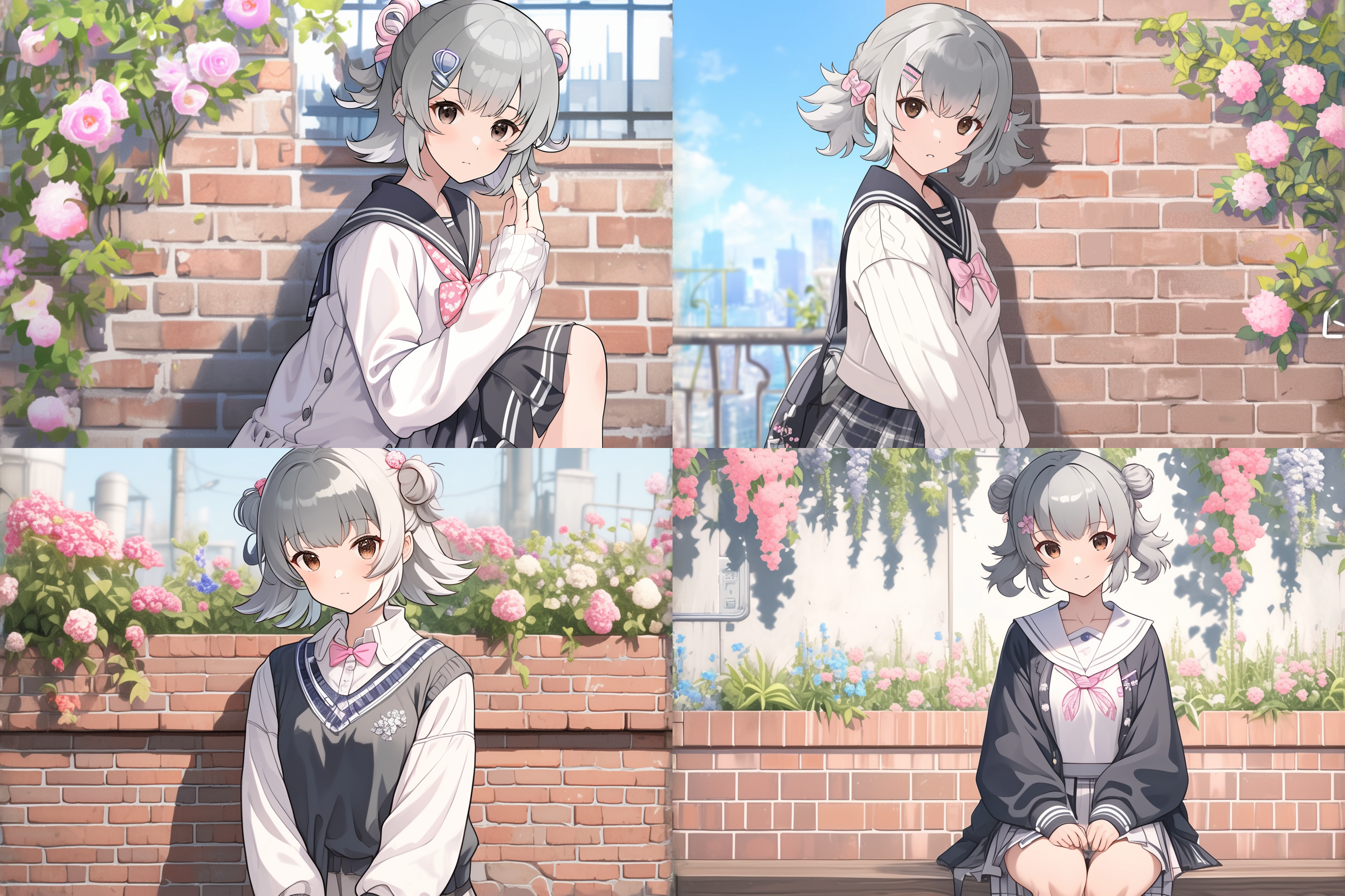 花墙，明亮色彩，户外环境，长焦镜头，自然光，静态姿势，花朵装饰，繁花似锦，温暖情感。女孩坐在墙下，刘海别着白色花瓣形状的一字夹。烟灰色毛衣背心，白色衬衫，粉红色蝴蝶结领结 声之形 悲伤 短发 双丸子头