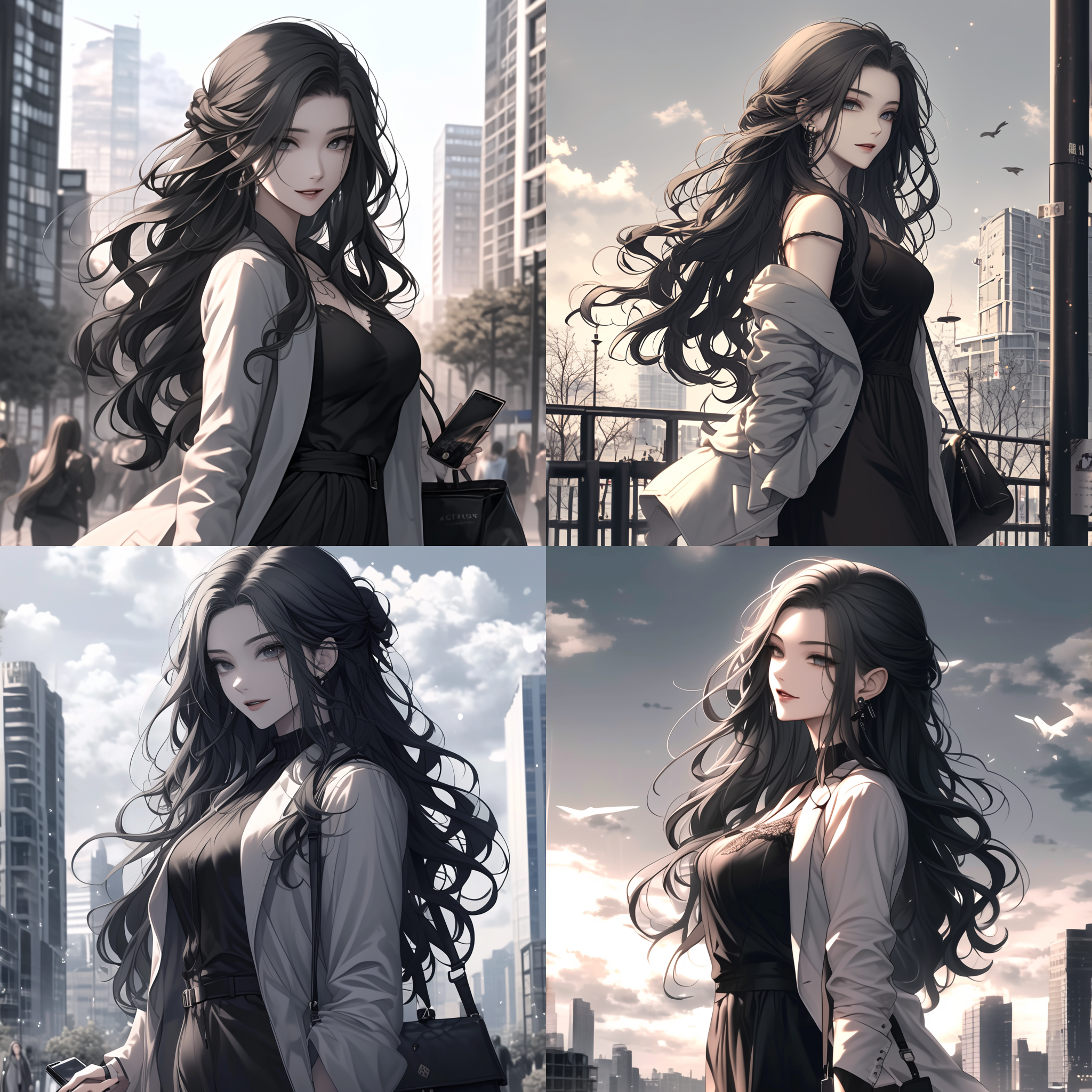 一位少女站在建筑高台上穿着白大褂嘲笑地转向身后，18岁，长发少女，表情嘲笑，精致面孔，黑色长发，绝美女神，背着书包，拿着手机，飘逸，临近夜晚，周围是高耸的建筑和不断的人流，32k，最好的质量，杰作，超级细节，高细节makoto shinkai