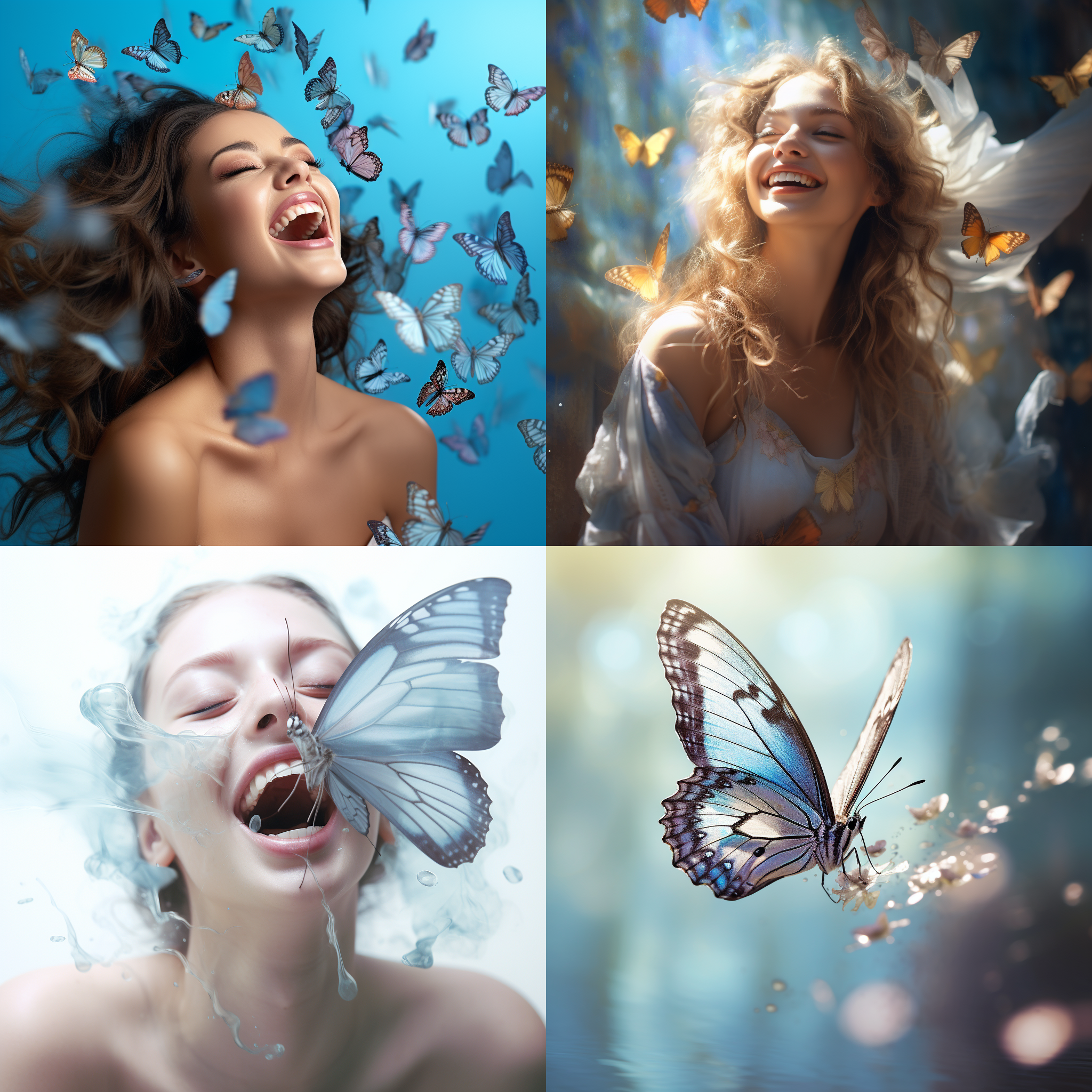 陶瓷杯蝶，手把有蝴蝶，明亮自然光，柔和色调，静态构图，特写镜头，微笑，优雅动作，细节清晰，浅景深，淡蓝色，优美情感。