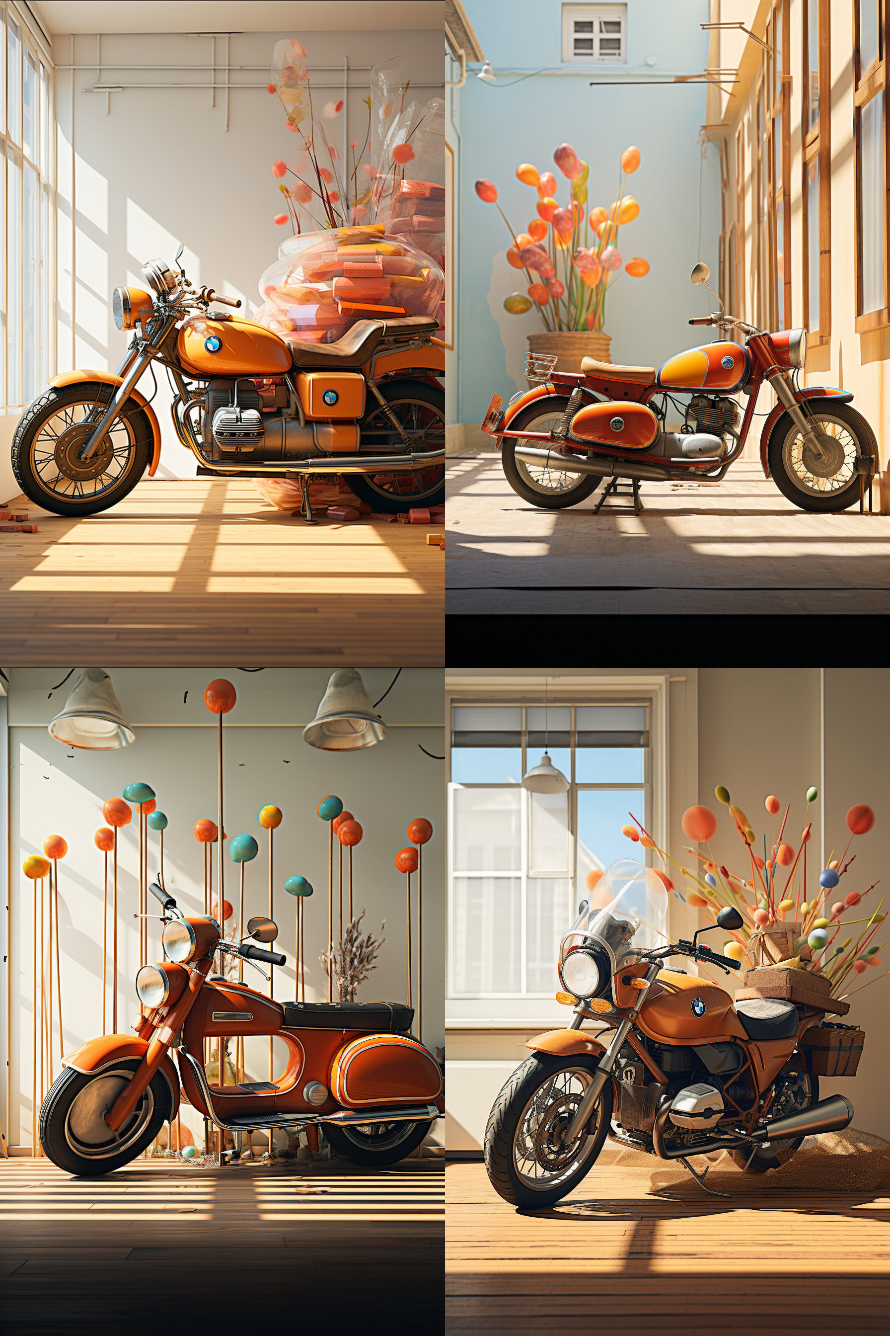 美丽光影，机车上绑着上百个鼓鼓气球，五颜六色，街角售卖，两点透视，简洁干净，空旷明亮，corona渲染，3:4纵横比，100风格化