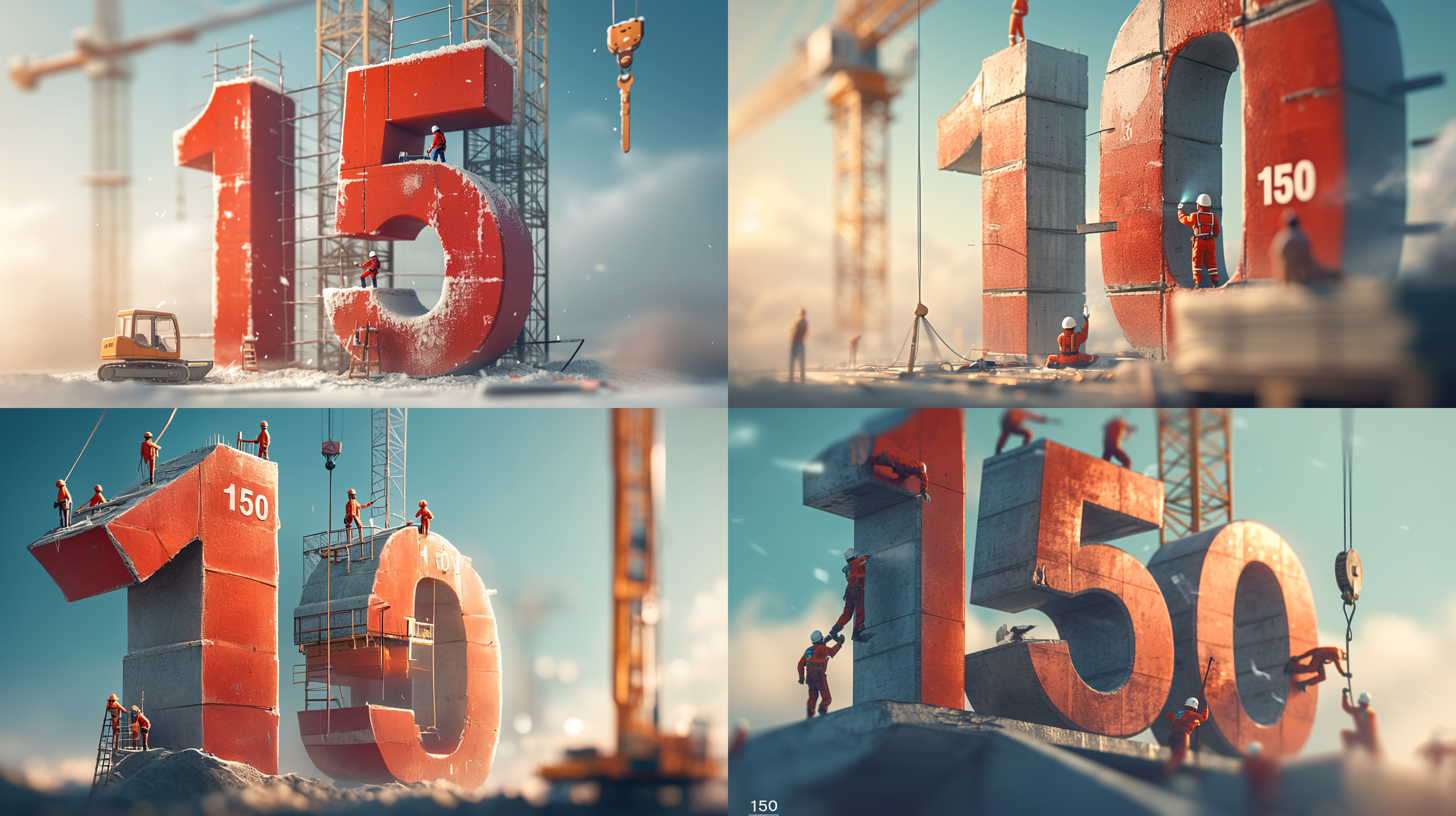 数字“150”的三维建筑插图，将混凝土彩色数字“150”堆叠在一起。用简单的线条和形状在极简风格的蓝天白云背景上创造数字“150”，并在物体周围放置一个工地起重机，仿佛在施工。灯光从工人的身后照进来。它是一个完整的建筑工地，具有高分辨率，超精细的细节，模糊的前景，8k，-version 6