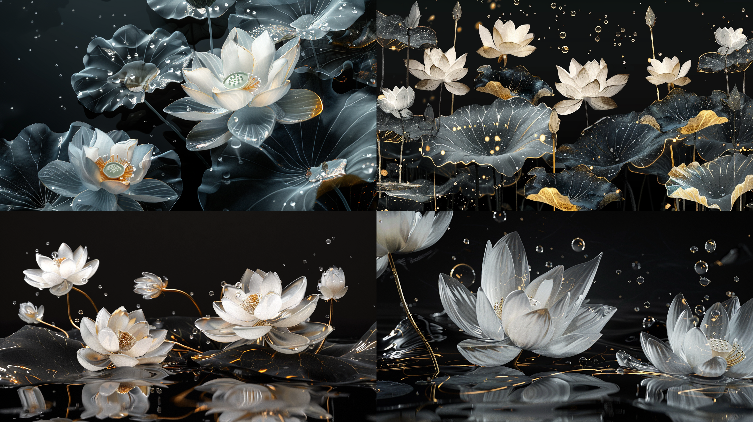 lotus and lotus leaves, black background, dreamy detail style, main body located at the bottom of the screen, white and deep gold, surreal water surface, glass sculpture, close-up, ethereal illustration, lightweight fabric, delicate.crystal clear.water droplets come to life，thin as silk, ink style