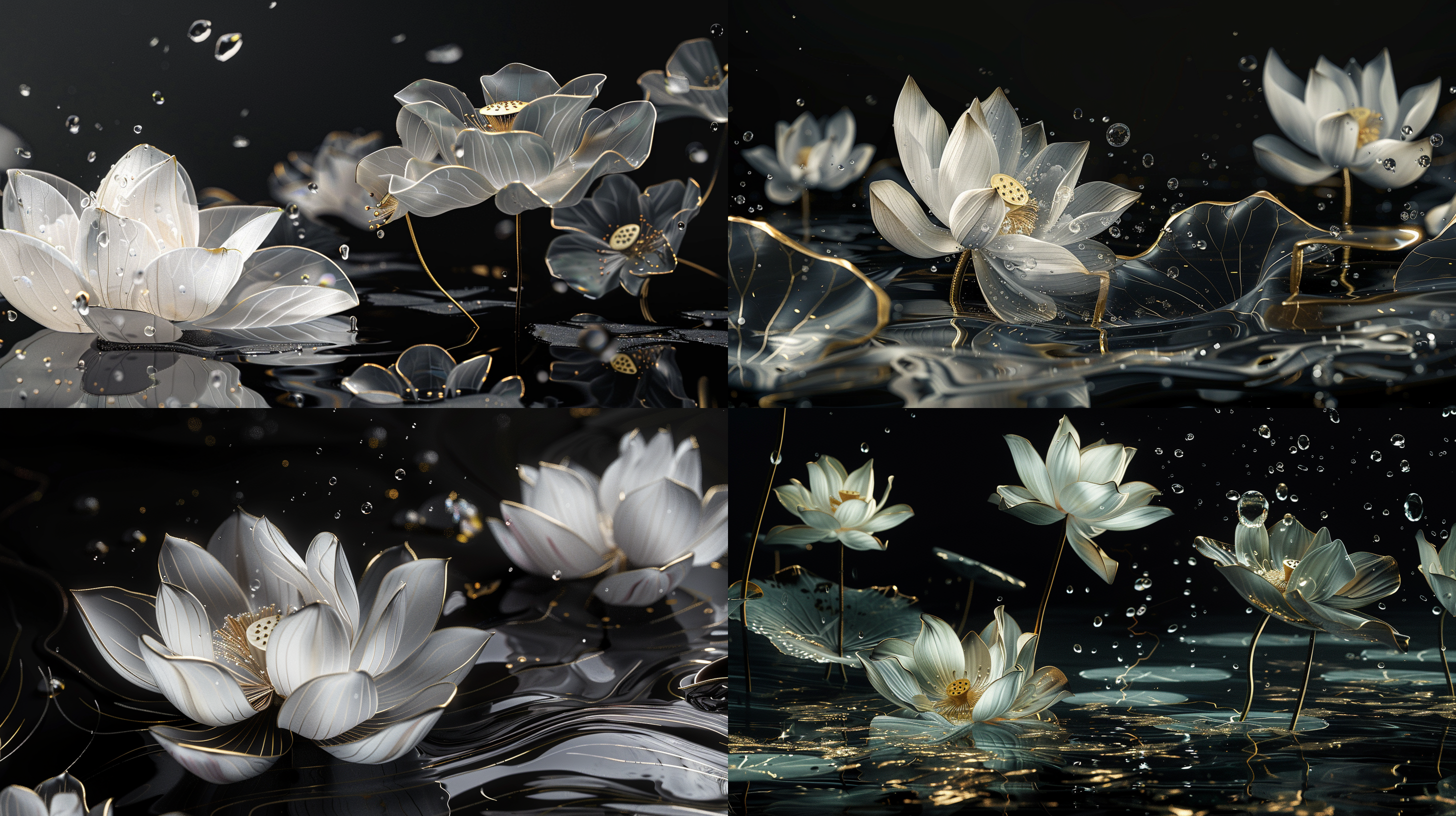 lotus and lotus leaves, black background, dreamy detail style, main body located at the bottom of the screen, white and deep gold, surreal water surface, glass sculpture, close-up, ethereal illustration, lightweight fabric, delicate.crystal clear.water droplets come to life，thin as silk, ink style