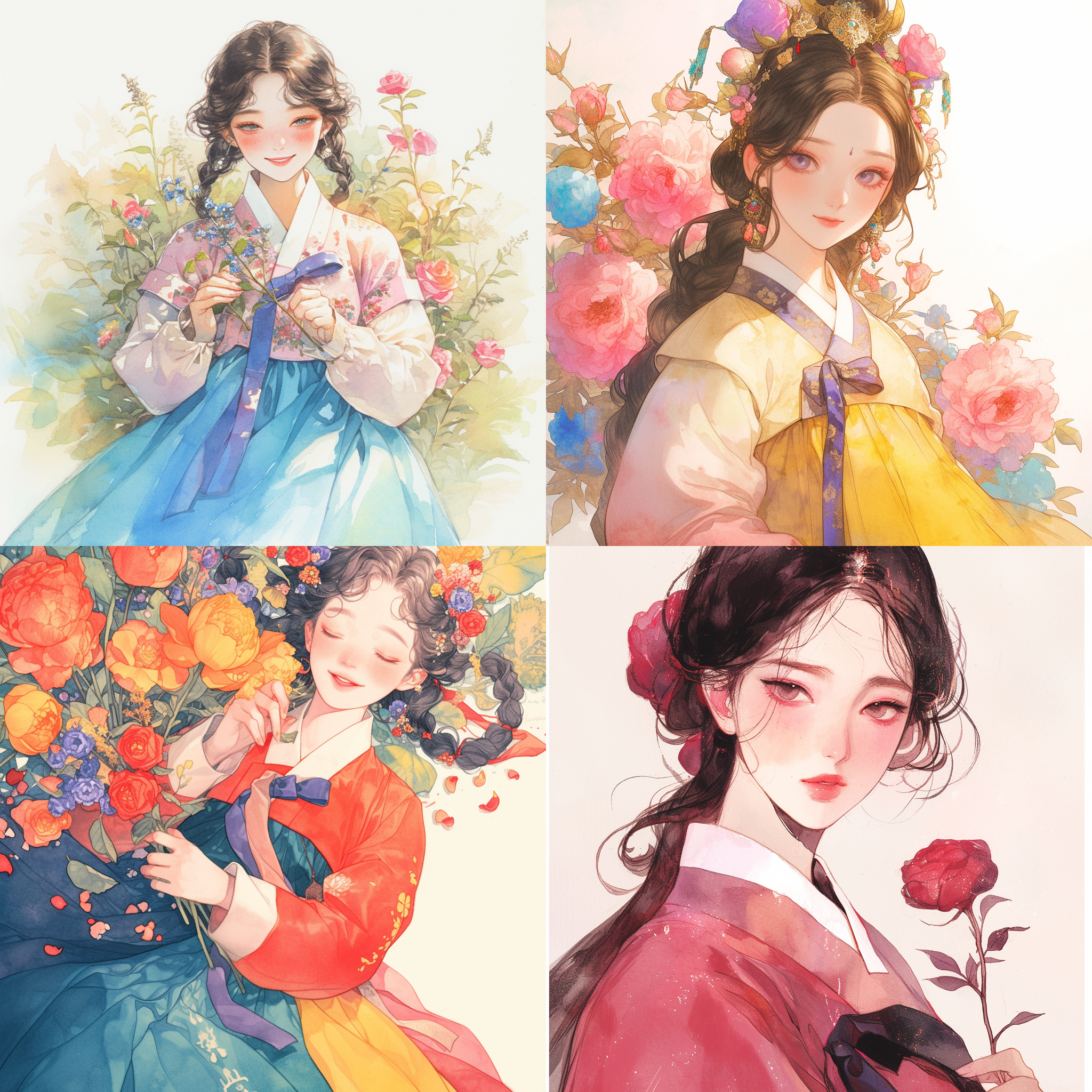 韩国传统服饰，国潮风，精致细节，惊艳，色彩丰富，高清4k，舞动，korean-styleattire,representingnationaltrends,watercolorillustrationsreminiscentofcomics,renderedinhigh-definition4k,featuringtwofiguresarrangeddiagonally,oneholdingarosewithagentlesmile,illuminatedbysoftlighting,boastingarichpaletteofcolors,intricatedetails,exudingwarmthandcoziness. https://cdn.mij.asia/attachments/1235765260300849185/1236486130438897795/1508035431646658560.jpg?ex=66382ef2&is=6636dd72&hm=ff7052d024437dcbfe60bcd4f50b54d22eb8920c9128f848f5d4a79b6de6623e&