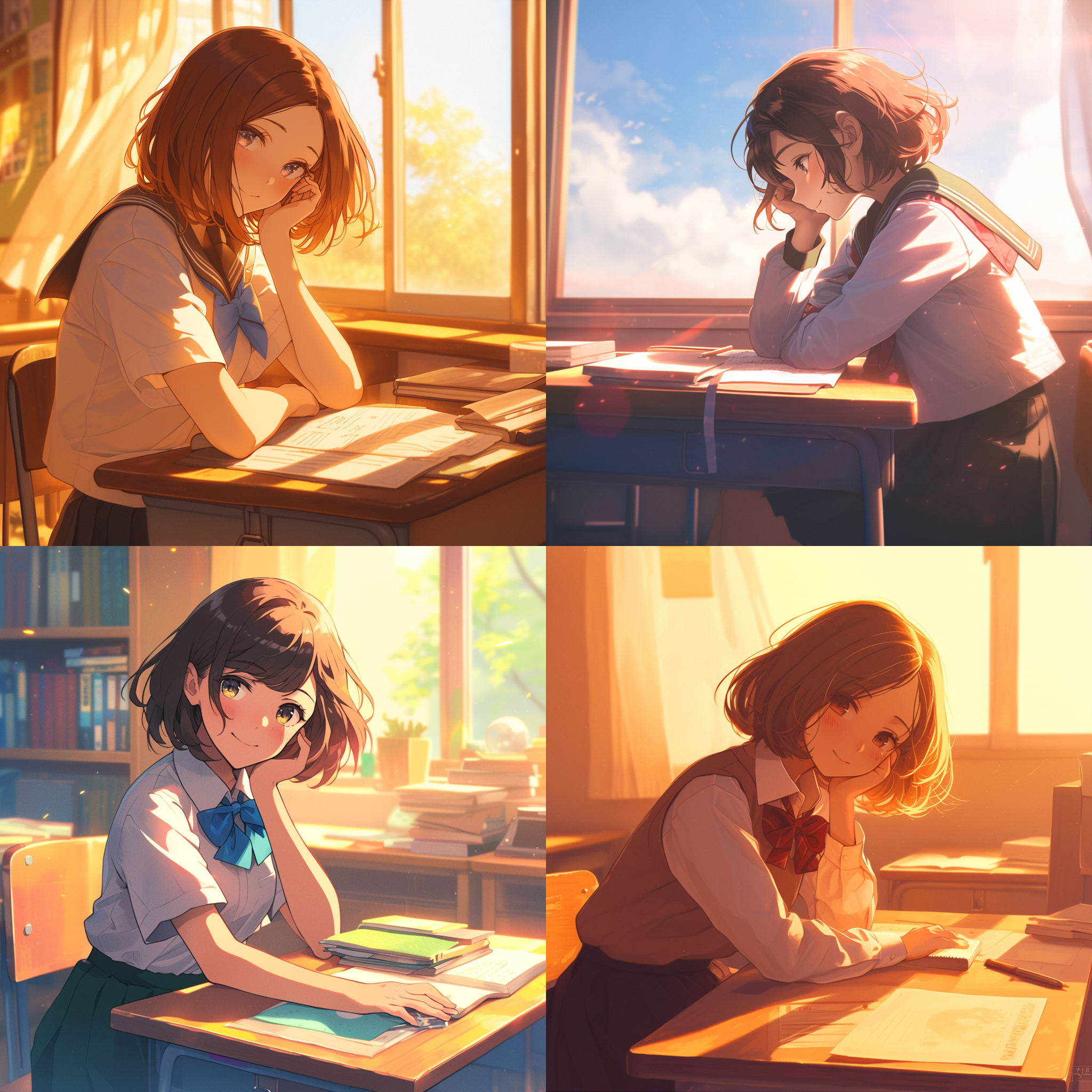 女高中生，坐书桌前，jk制服,自信微笑,棕色短发,高饱和度,目光坚定,夏目友人帐风格,教室背景,自然光,超级细节,长焦镜头,4k