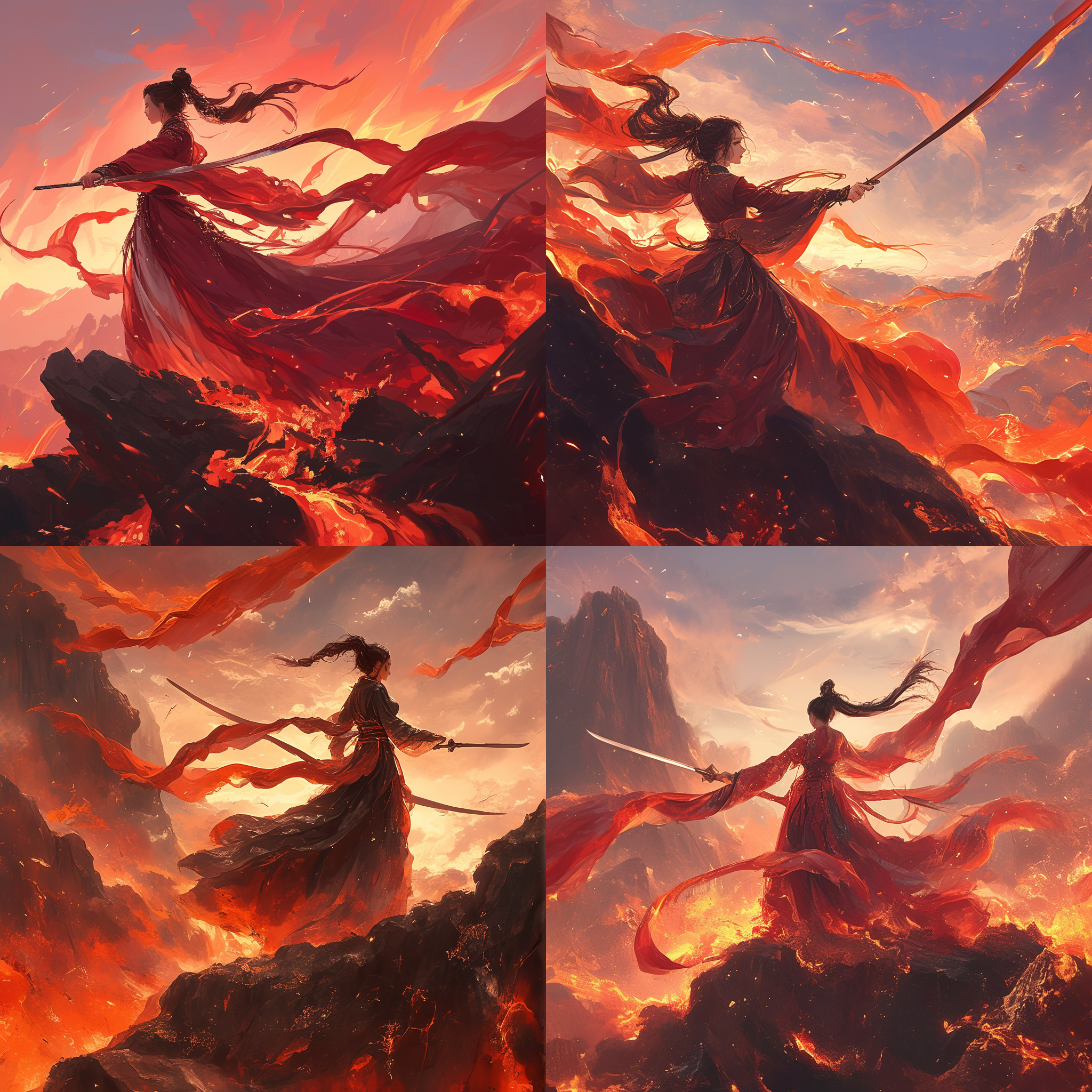 火山悬崖，男子抓住女子，哭泣，女子绝望，手持宝剑，火花四溅，熔岩，暖色调，4k分辨率，高清晰度，古风服饰，动作戏，情绪戏，中国古风，刀光剑影。 火山悬崖，对角线布局，高对比度，火山环境，长焦镜头，侧光，慢速快门，挣扎，危机感，红色调，哀伤。
