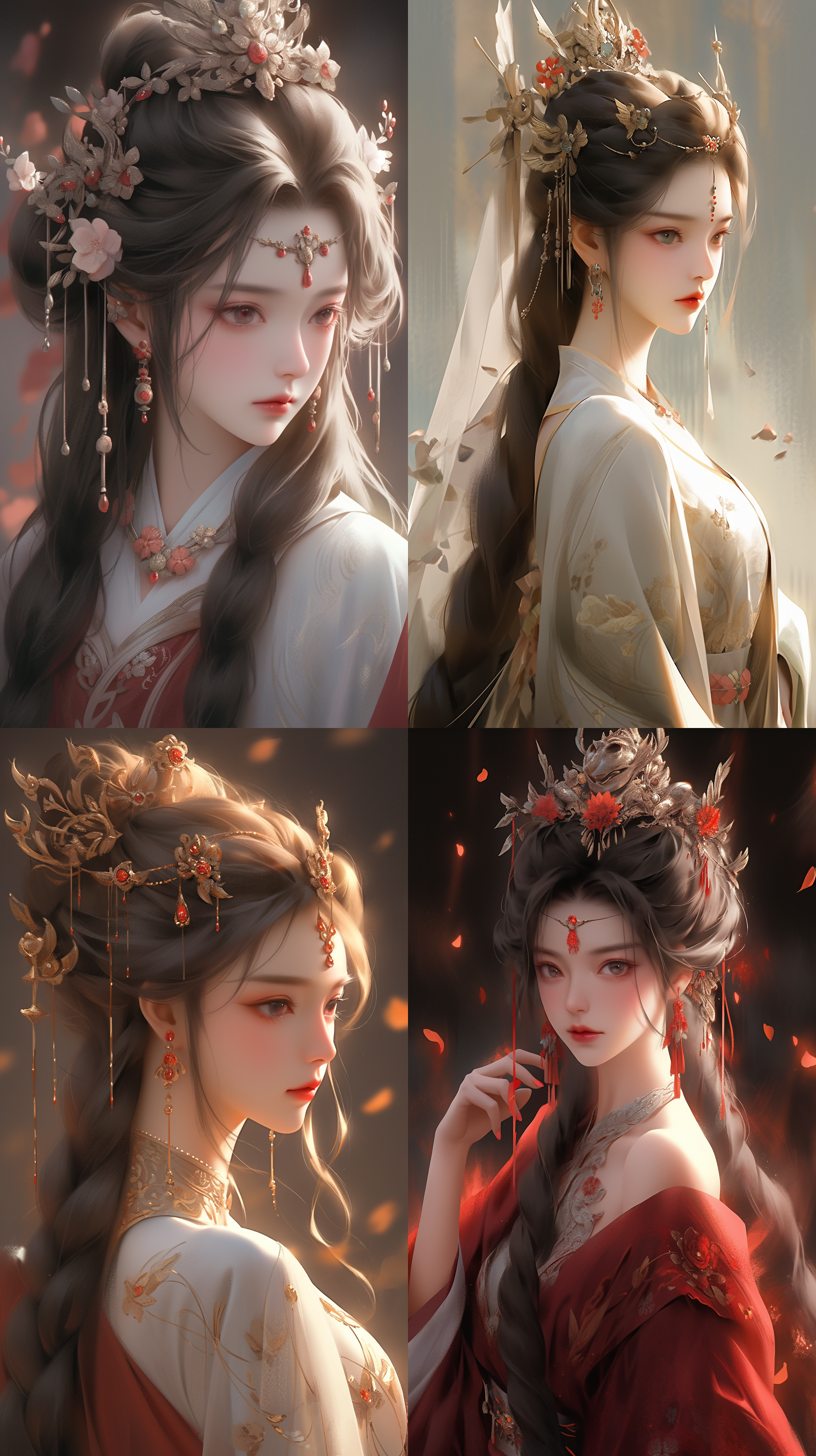 中国古代女子，细长柳眉，丹凤眼，薄唇，牡丹髻，代柔短鎏金步摇，鸿鹄扇形鎏金钗，上身穿月季红色的大袖衣，下身莲子平褶裙，极致逼真，8k，高分辨率，前视图，正面图