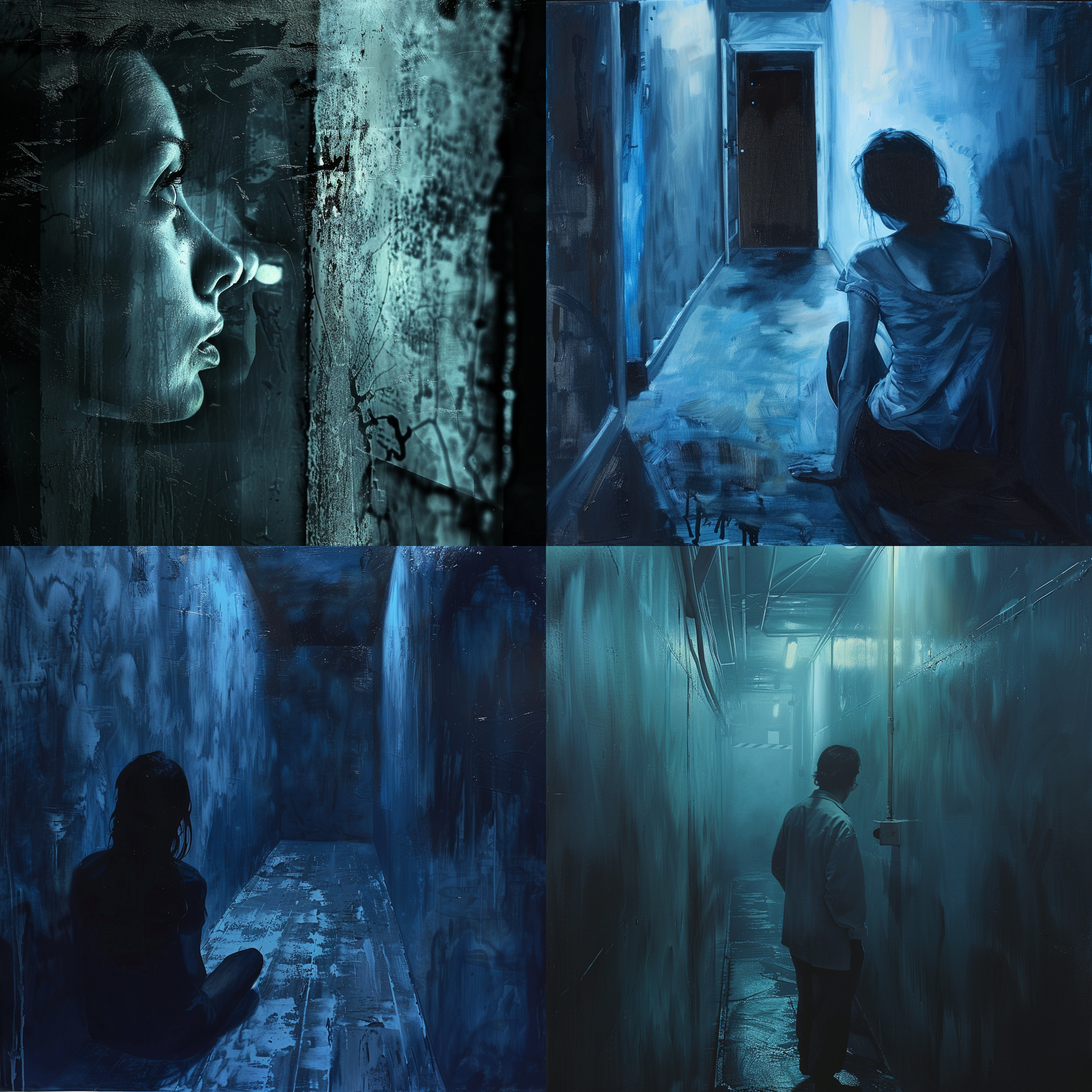 密集恐惧症，色彩单一，惊悚，人物面临墙壁，局促不安，低角度视角，紧张表情，蓝色调，长焦镜头，暗光，静止，恐惧。
