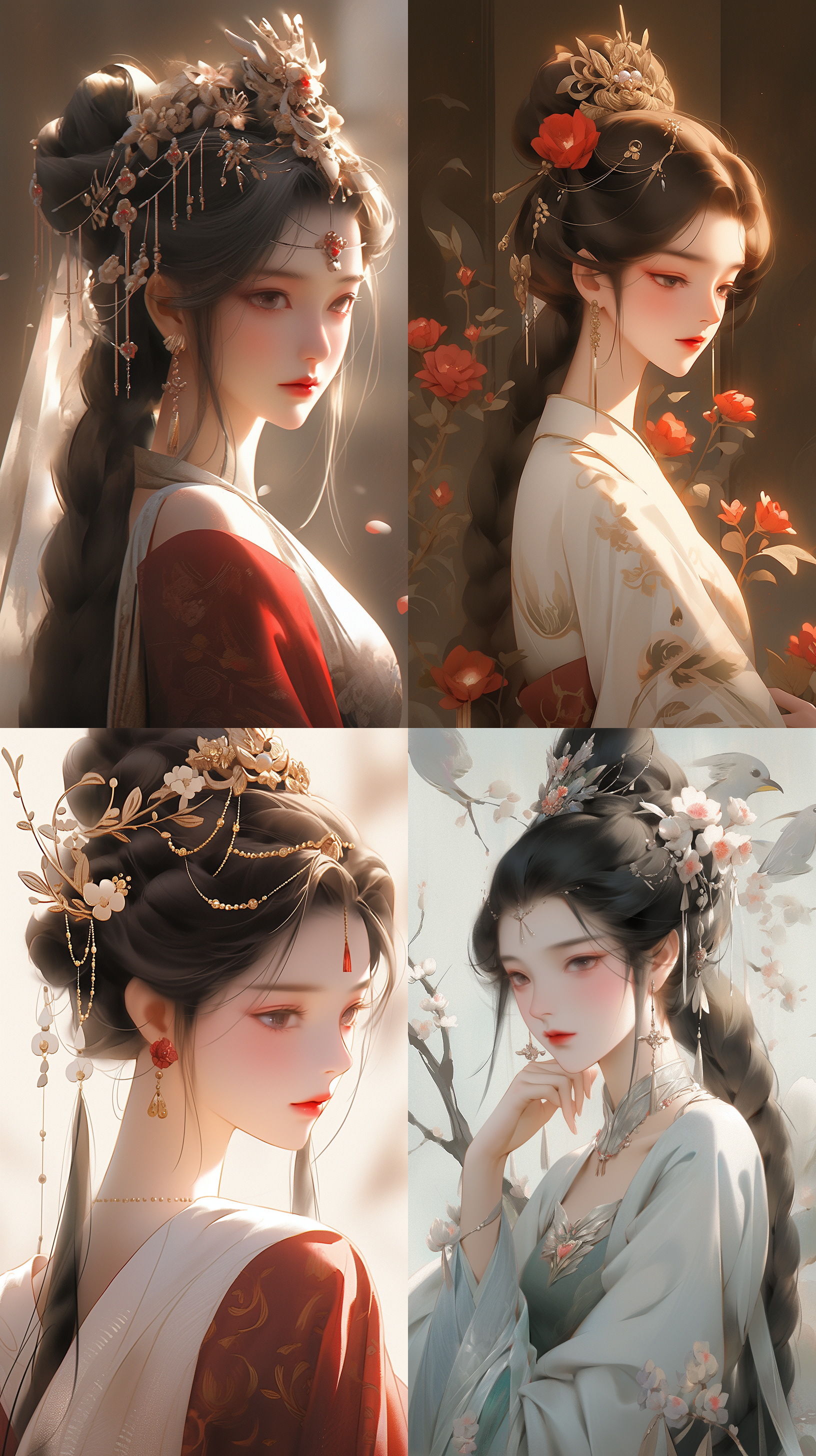 中国古代女子，细长柳眉，丹凤眼，薄唇，牡丹髻，代柔短鎏金步摇，鸿鹄扇形鎏金钗，上身穿月季红色的大袖衣，下身莲子平褶裙，极致逼真，8k，高分辨率，前视图，正面图，锐化清晰