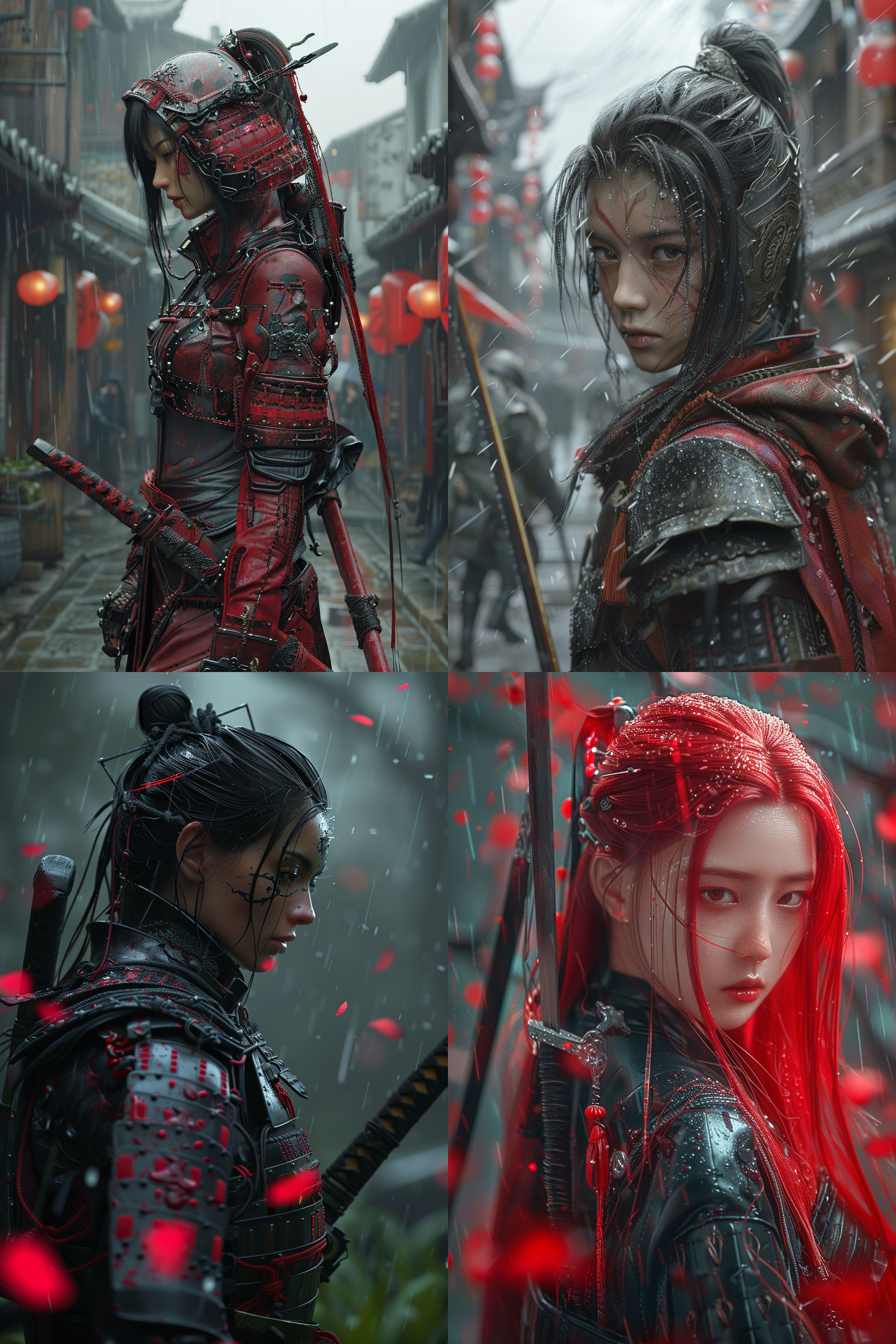 女英雄刘亦菲, 古装盔甲, 暗红双手持剑, 赛博朋克龙元素, 高清虚幻雨天, 3d数字渲染, 8k徕卡镜头