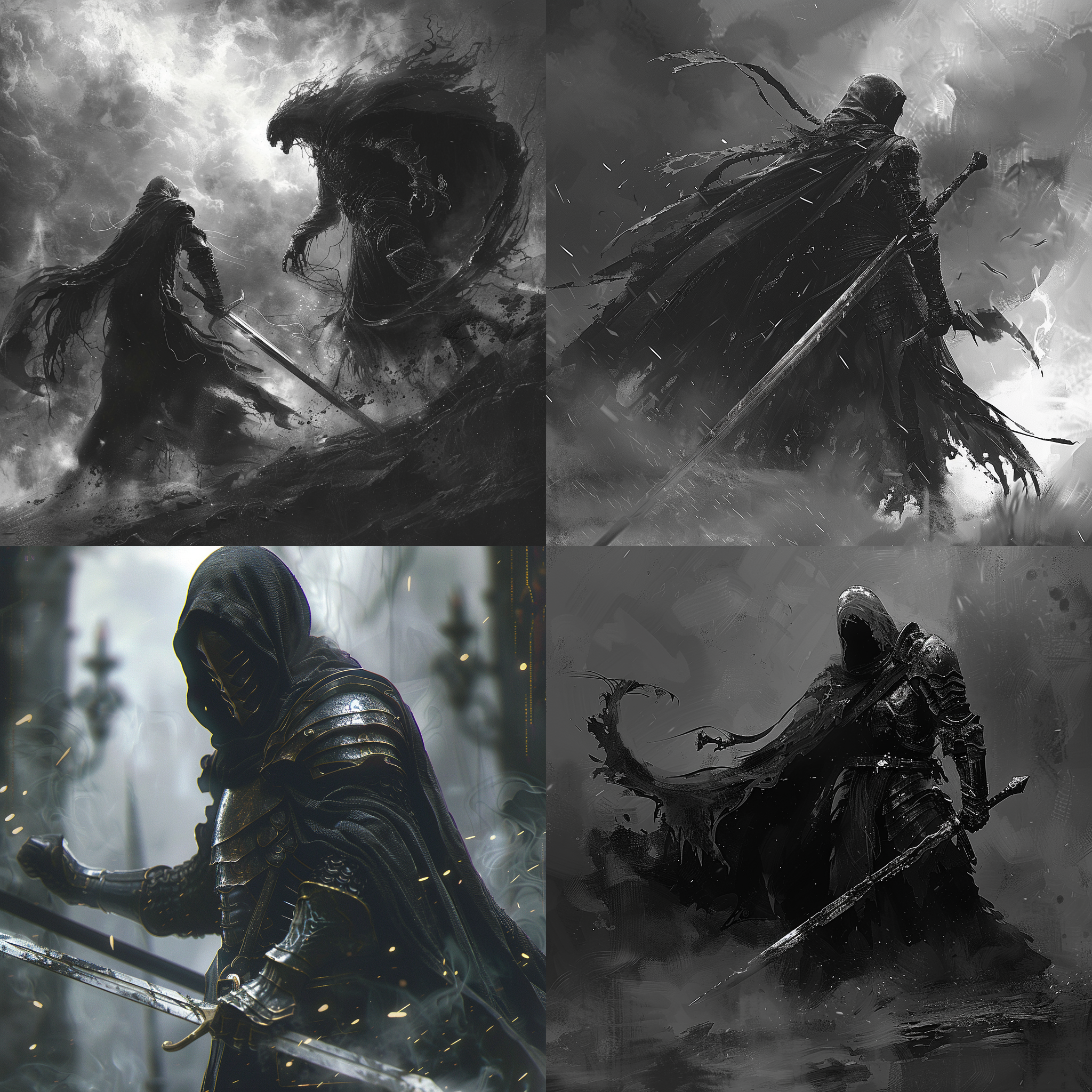 骑士与死神，正面视角，插画风格，漫画风格，写实风格，浓雾环境，银盔甲，黑袍，死神手持镰刀，斩杀动作，高对比度，暗调，动感，紧张。