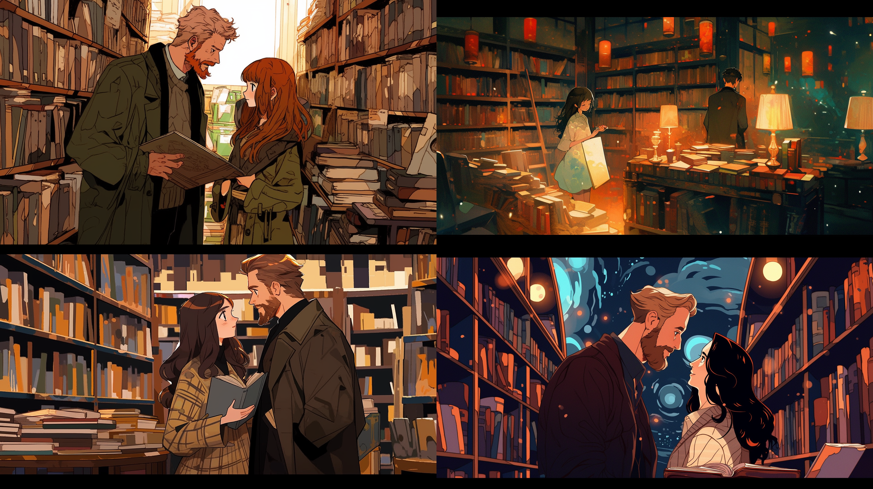 van gogh style illustration,((van gogh the starry night style illustration)),dopamine color scheme,in the retro library, a young man and a young girl accidentally met on a bookshelf. their eyes met on an old book, surrounded by wooden bookshelves filled with books.