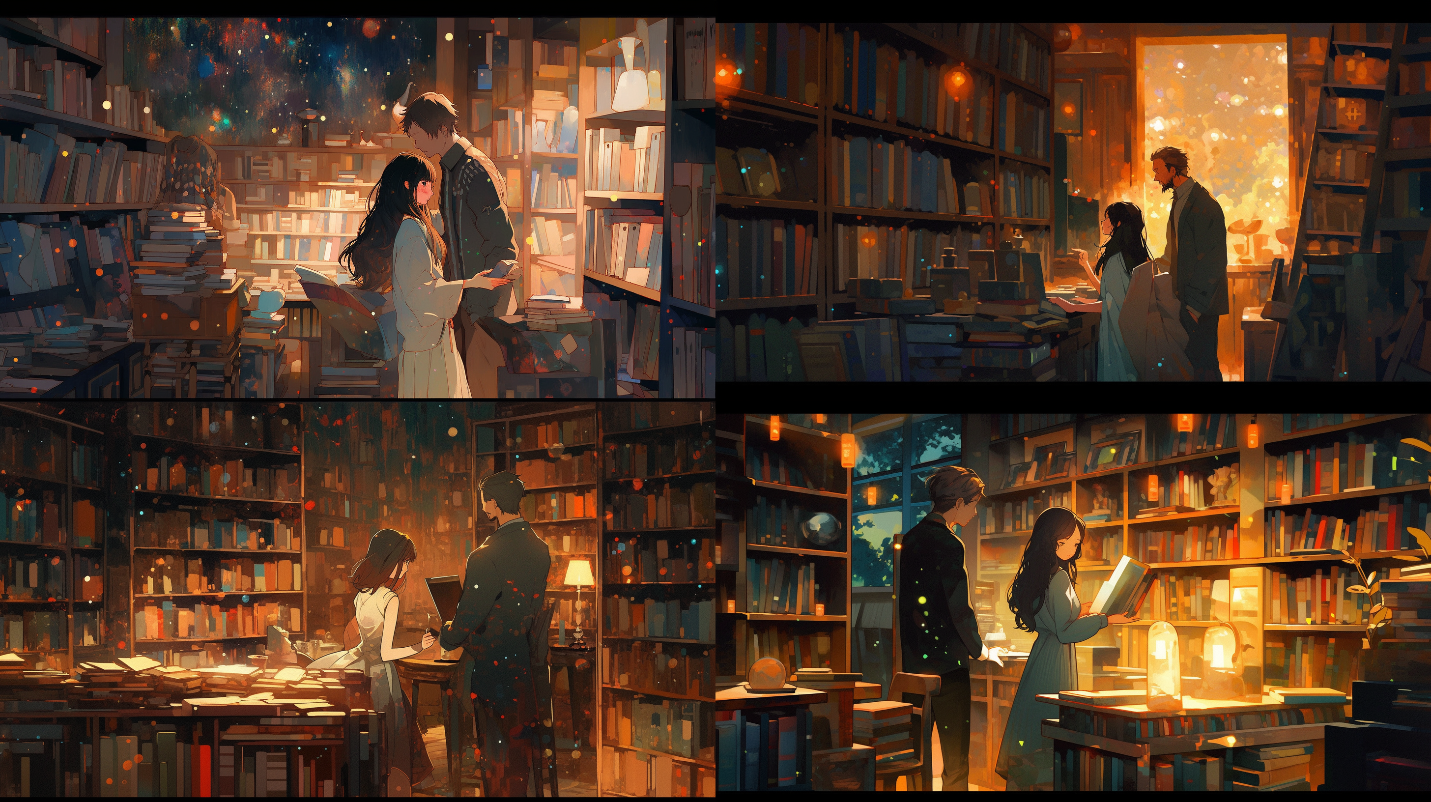 van gogh style illustration,((van gogh the starry night style illustration)),dopamine color scheme,in the retro library, a young man and a young girl accidentally met on a bookshelf. their eyes met on an old book, surrounded by wooden bookshelves filled with books.