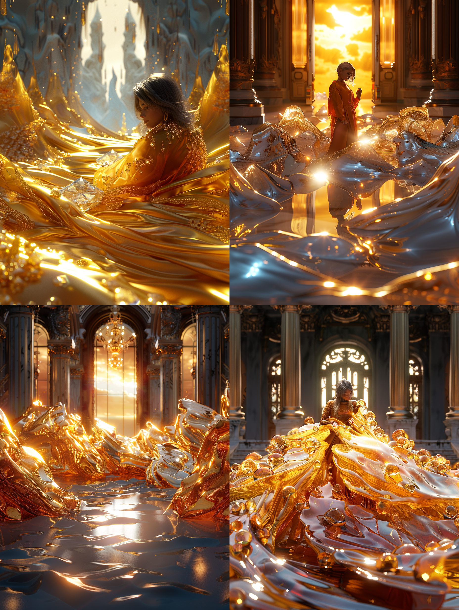 一位华丽的黄钻女性穿着华丽的金色礼服，站在宫殿大门前，背景是壮丽的晚霞。风景优美，华丽的装饰，金色主题，宫殿建筑，侧光，高饱和度，端庄表情，奢华。