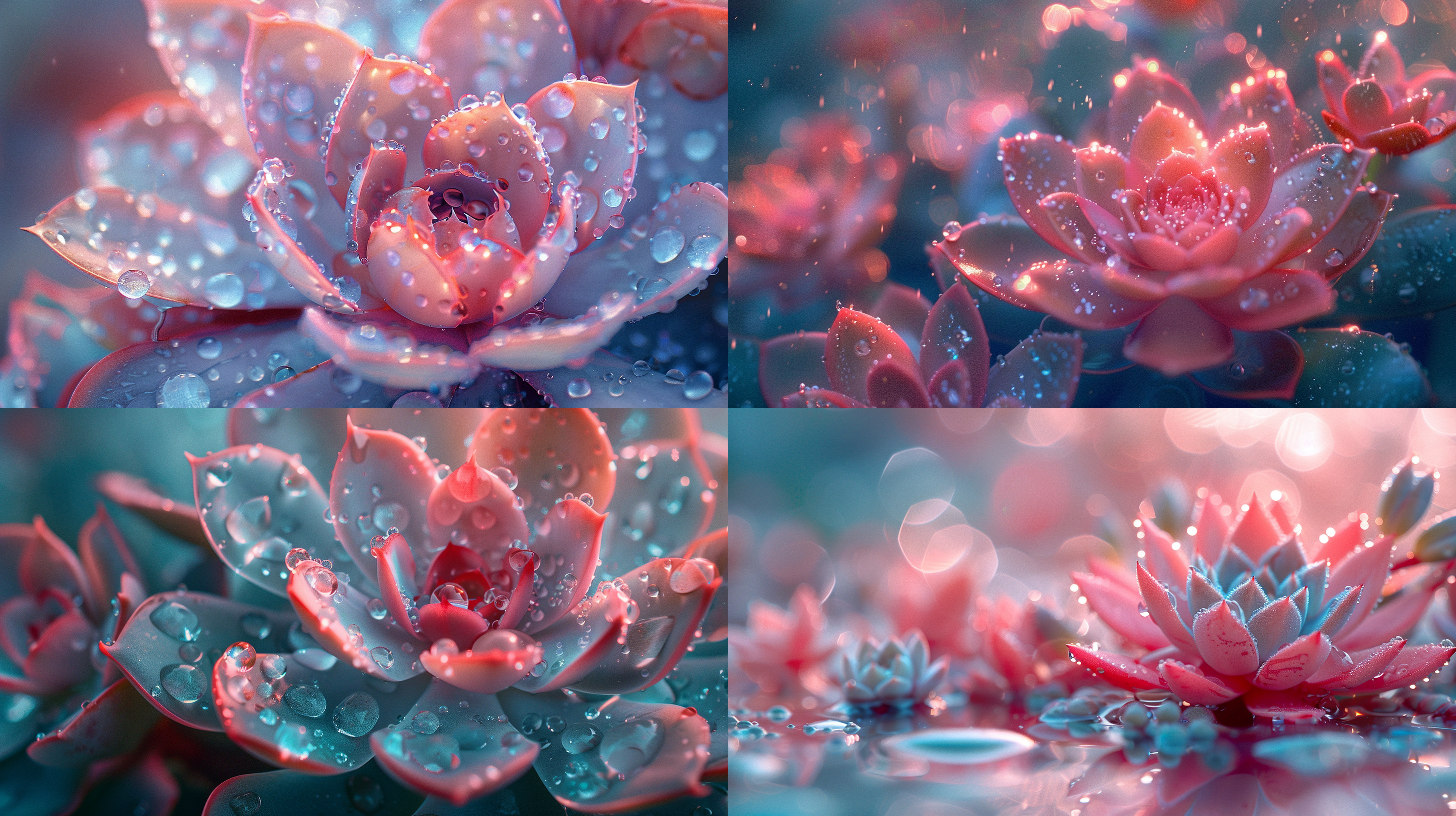 several photos of succulent and water, light pink and transparent texture style, anime aesthetics, interesting complexity, berry punk, gorgeous colors, 32k uhd, karol bak
