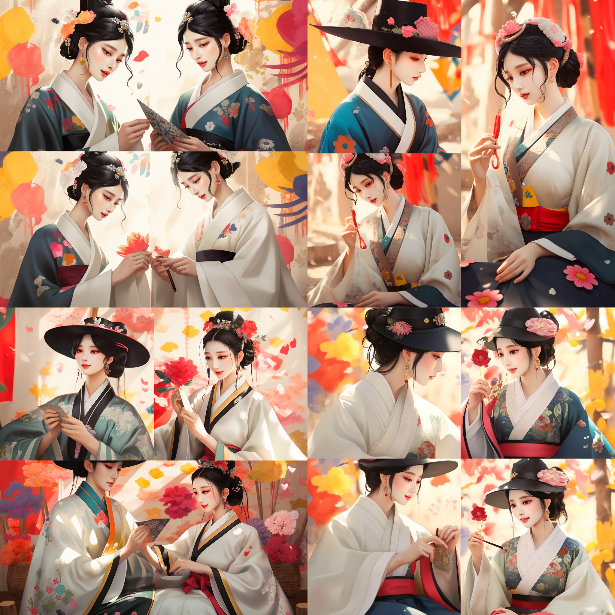 韩国传统服饰，国潮风，精致细节，惊艳，色彩丰富，高清4k，舞动，korean-styleattire,representingnationaltrends,watercolorillustrationsreminiscentofcomics,renderedinhigh-definition4k,featuringtwofiguresarrangeddiagonally,oneholdingarosewithagentlesmile,illuminatedbysoftlighting,boastingarichpaletteofcolors,intricatedetails,exudingwarmthandcoziness. https://cdn.mij.asia/attachments/1235765260300849185/1236486130438897795/1508035431646658560.jpg?ex=66382ef2&is=6636dd72&hm=ff7052d024437dcbfe60bcd4f50b54d22eb8920c9128f848f5d4a79b6de6623e&