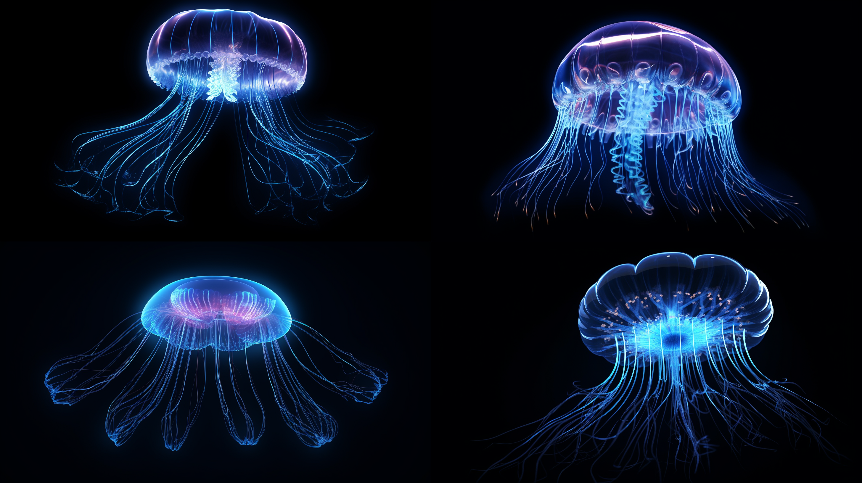 transparent jellyfish wireframe hologram, glowing blue lines against a dark background, exquisite detailing, 8k resolution, telephoto lens, ambient lighting, hovering, mysterious.