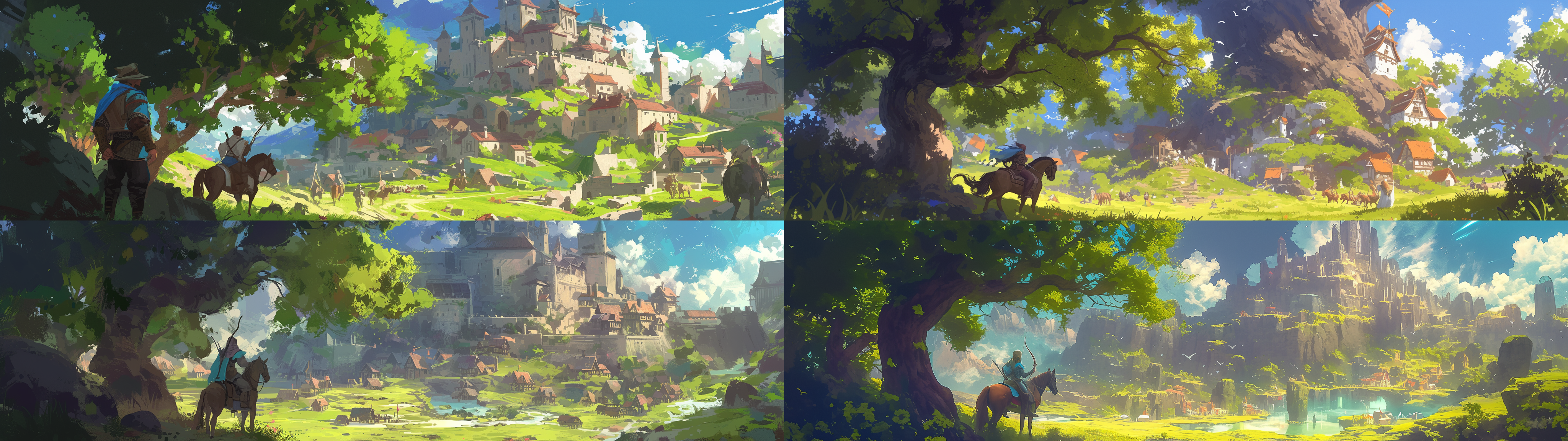 archerandmage,distantviewofamedievalvillage,wide-anglelens,interplayoflightandshadow,gallopingwarhorses,backdropofcastleestates,brushstrokeart,conceptualdesign,richcolors,senseofmystery.