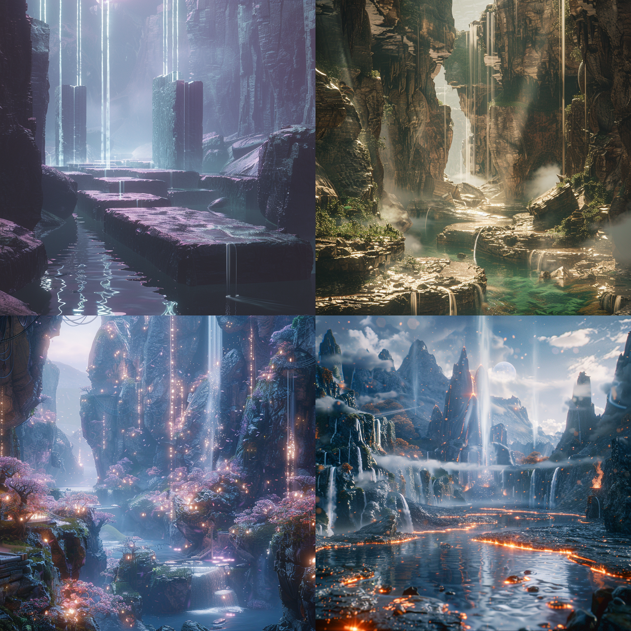 科幻古代场景，瀑布后山川，漂浮石头，梦幻色彩，远焦虚化，雨中光斑，高质量cg，科技氛围，神秘光芒，古风装束，淡淡微笑。