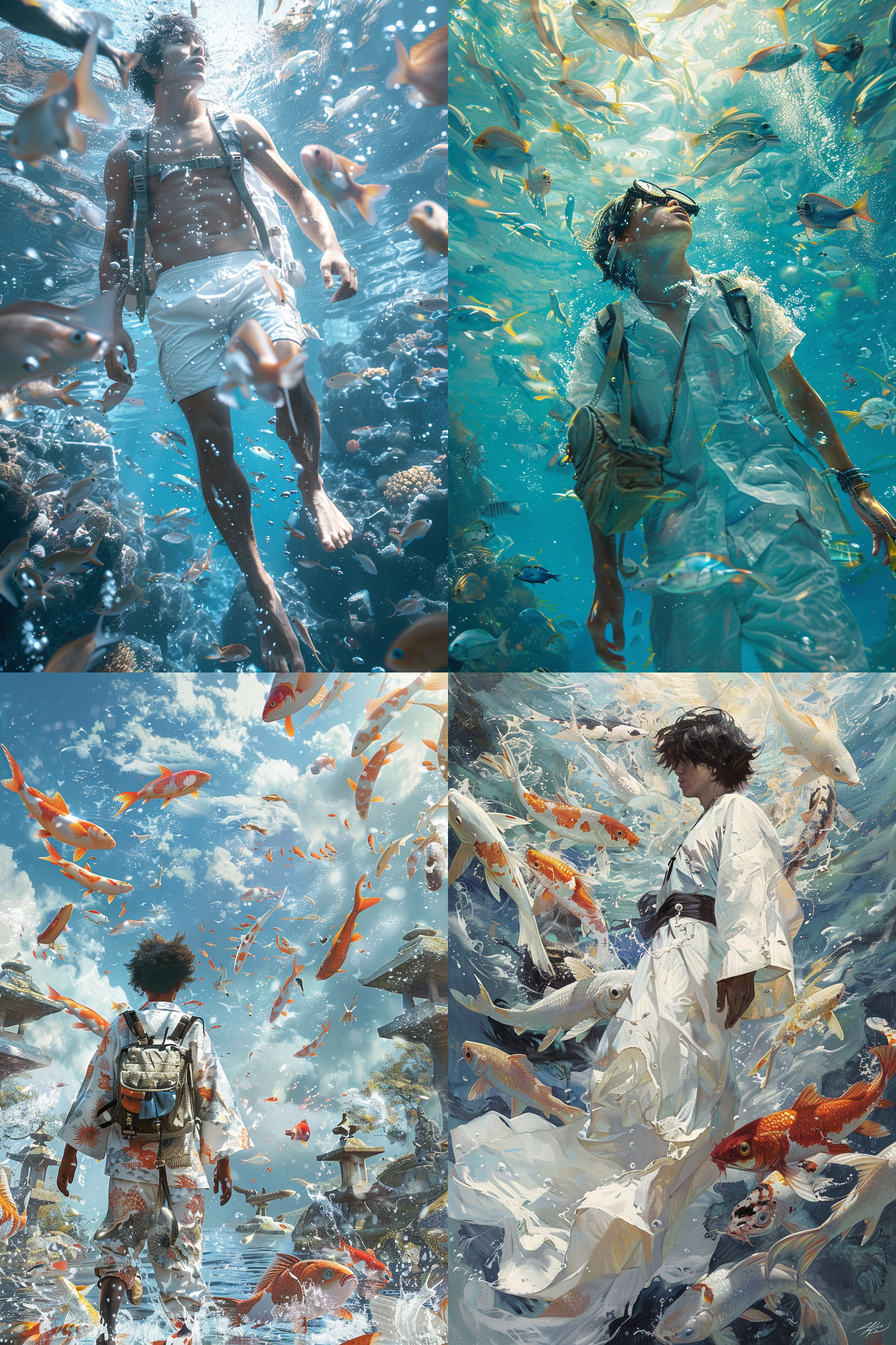 中国男孩在海水中，白色运动衣，黑色短发，书包，各色小鱼，日本画风，超高清，浅蓝白，超现实主义，ar3:4，照明。