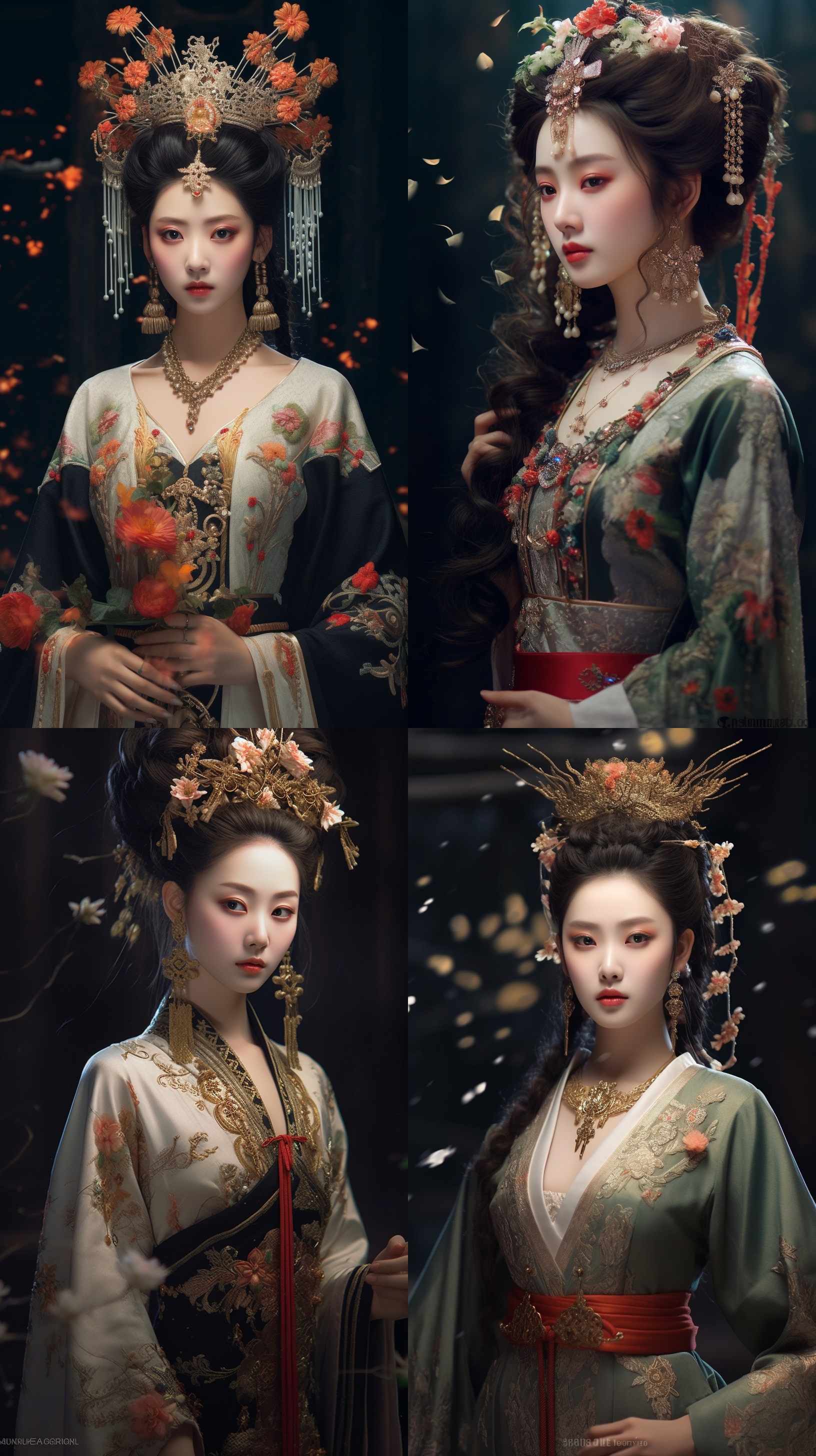 唐朝贵妃，柳眉凤眼，五官精致，华丽牡丹鬓，插着金发簪珠花，无刘海，凤冠。穿着繁琐精致汉服，超逼真，超清画质，8k，威严，面对镜头，中国风，古装，3d