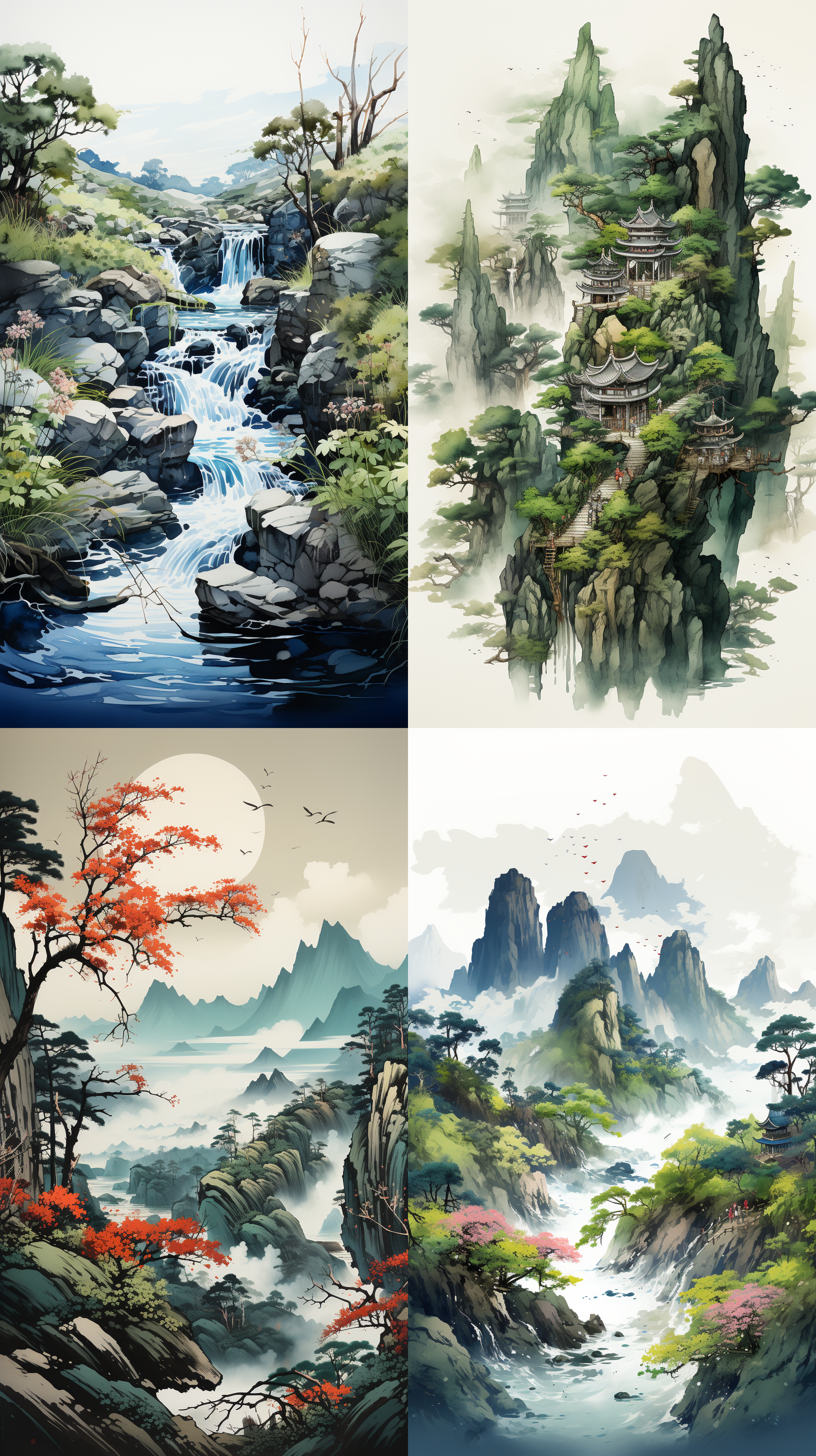 chinese ink painting, there are continuous mountains, waterfalls flowing down from the top of the mountain, there are trees on the top of the mountain, there is a stream at the foot of the mountain, far away small hut, navy blue, dark green, germanium, the whole bright, chinese classicism, lattice window, borrowing scenery, manuscript, printmaking, sketch, beautiful light and shadow, two-point perspective, simple and clean, spacious and bright, corona rendering, 3:4 aspect ratio