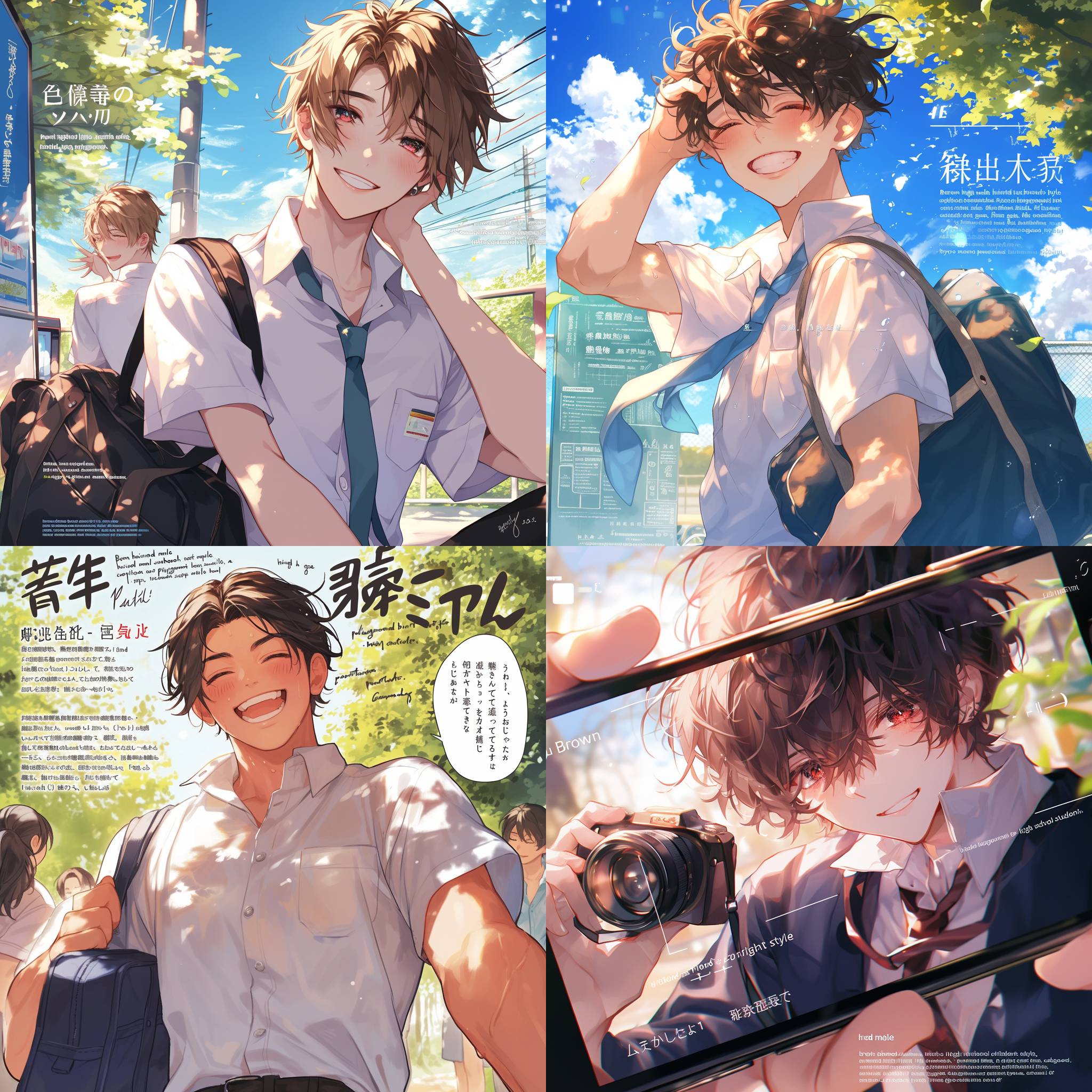 "棕发男高中生微笑自信，红唇鲜艳，友人帐风格，学校操场背景，长焦镜头捕捉超级细节，4k分辨率，高饱和度色彩鲜明，目光坚定，夏日阳光自然光线，令人心情愉悦。"