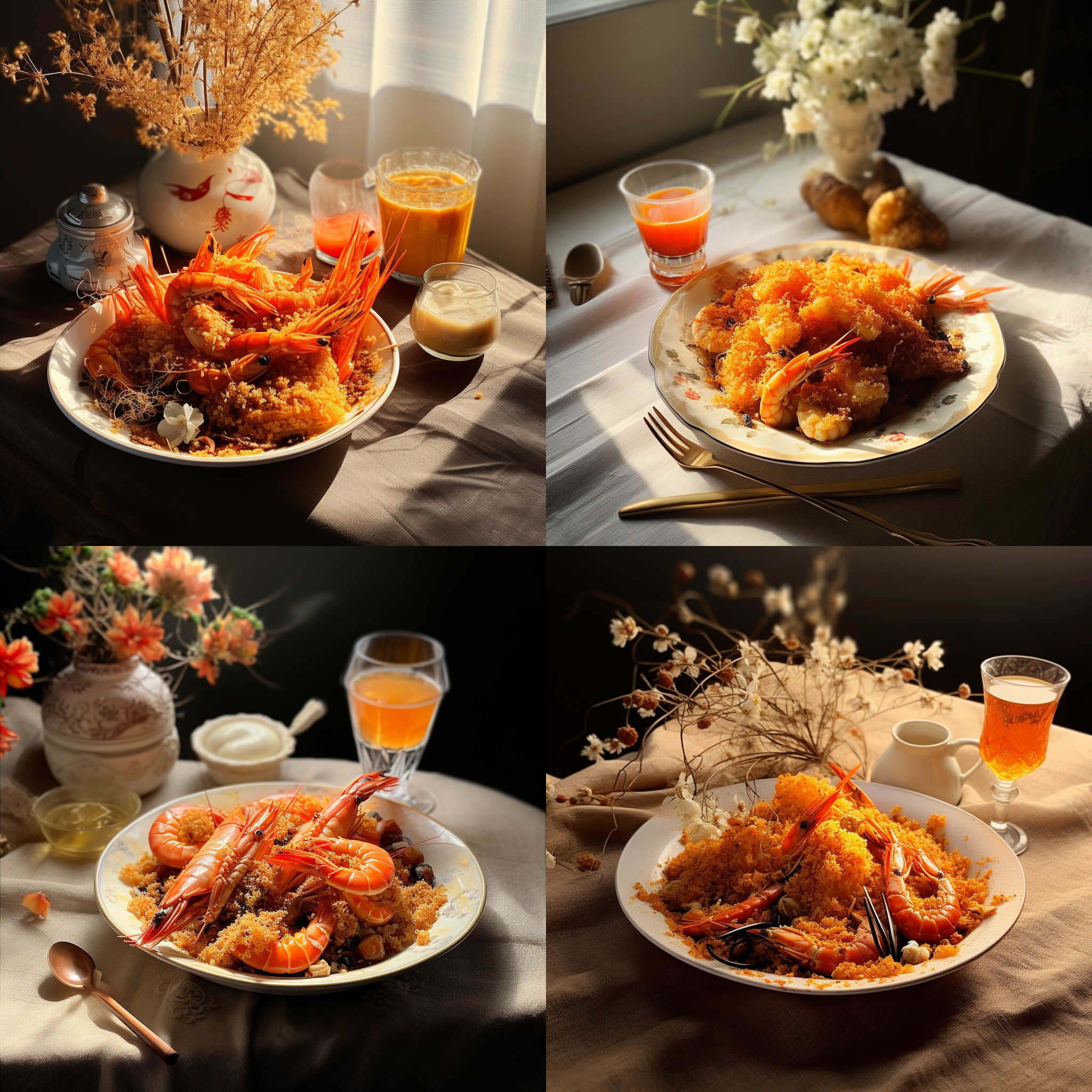 风塘炒蟹摆放桌上，光线明亮，对角线构图，细节凸显，油腻感觉，逆光，静态，鲜艳色彩，美味诱人，香气四溢，静默，享受。