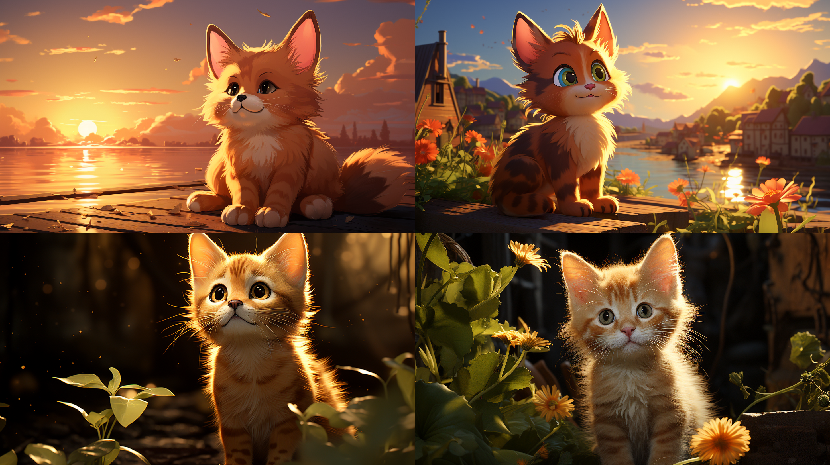 一只小猫在晨光中玩耍，背景是一片树林，小猫毛色柔和，眼神灵动，身姿优雅。远景，柔焦，自然和谐可爱