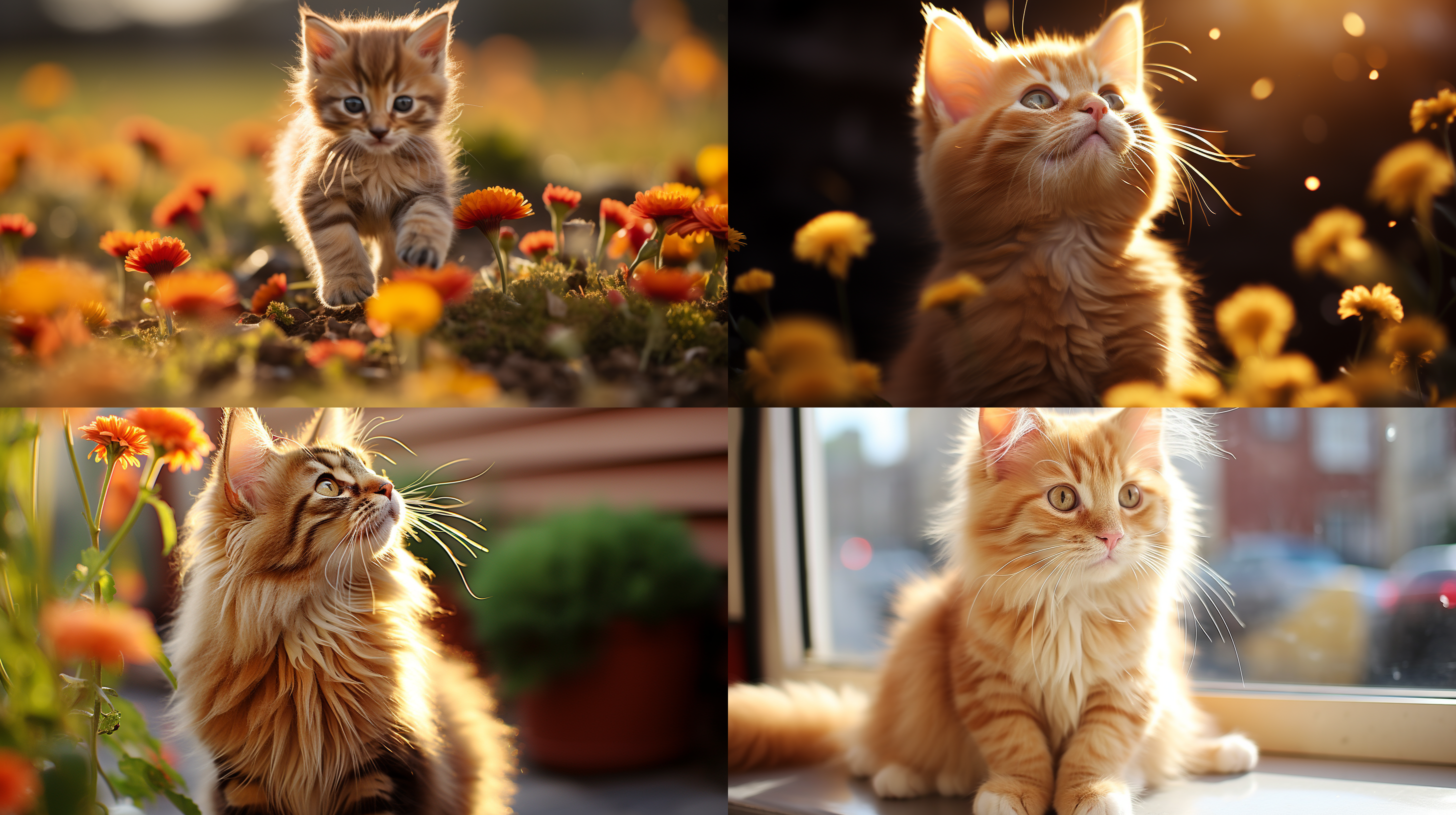 一只小猫在晨光中玩耍，背景是一片树林，小猫毛色柔和，眼神灵动，身姿优雅。远景，柔焦，自然和谐可爱