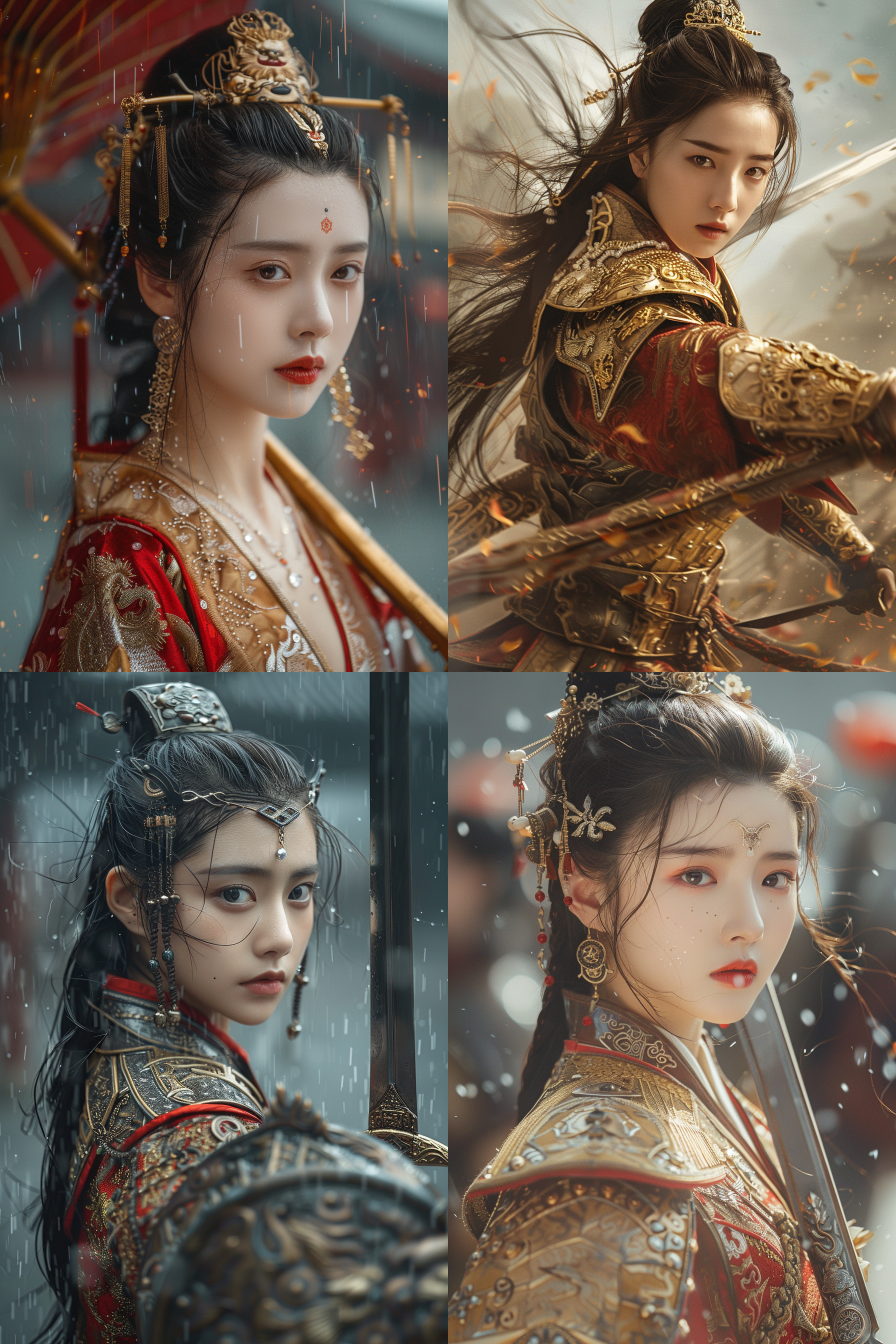 女英雄刘亦菲，暗金盔甲，暗红古装，手持剑，武打动作，侧面视角，赛博朋克背景，中式建筑，龙元素，高清图，虚幻背景，雨天，8k，徕卡镜头，剧烈动作，高对比度，梦幻色调。