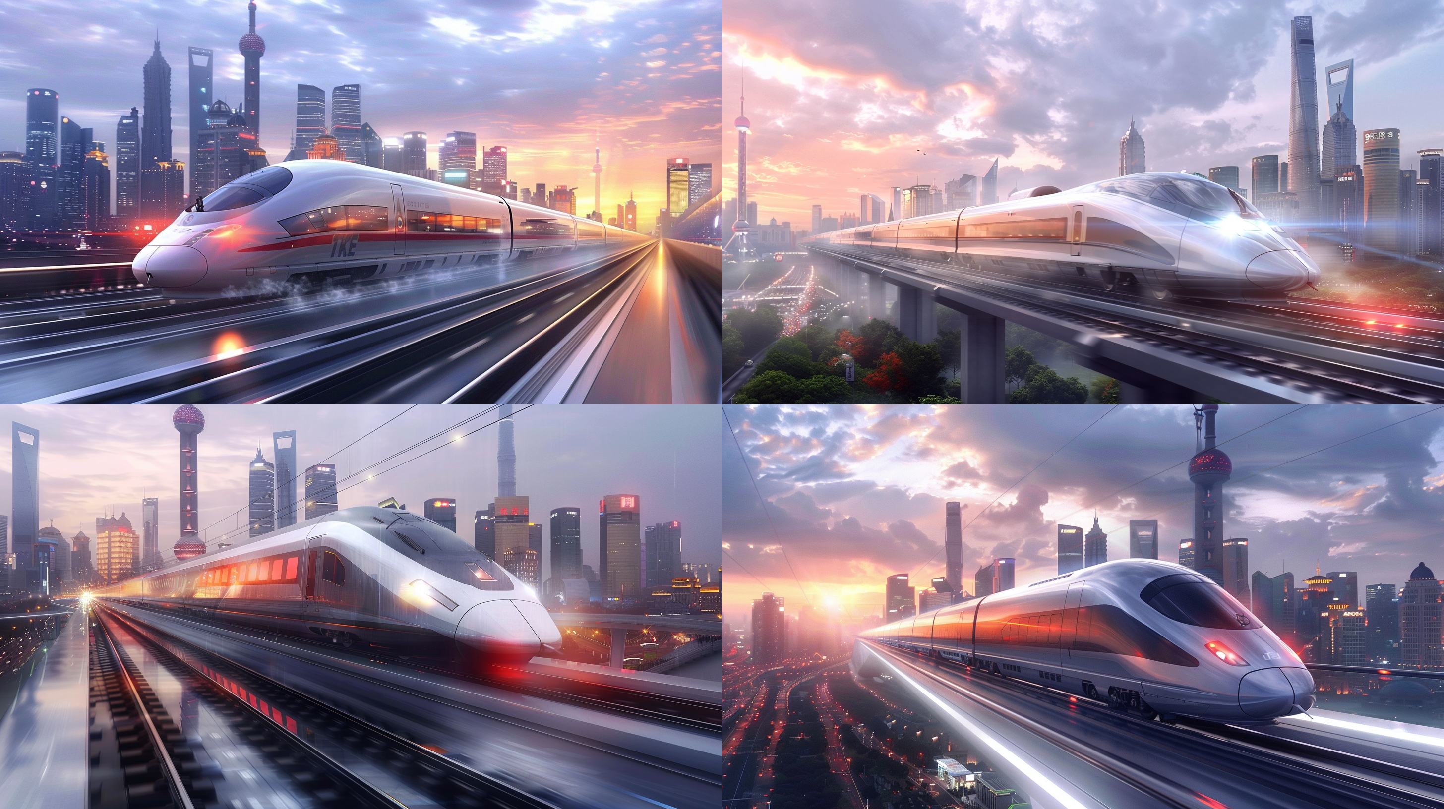 中国高铁，现代城市建筑，蓝绿配色，柔和的光线，辛烷值渲染，明亮的背景，丰富多彩，全景，写实，细节 高铁穿过城市，城市建筑矗立，宏伟壮观，巧妙对称，灯光璀璨，车站喧嚣，旅客匆匆，蓝绿交织，生机盎然。