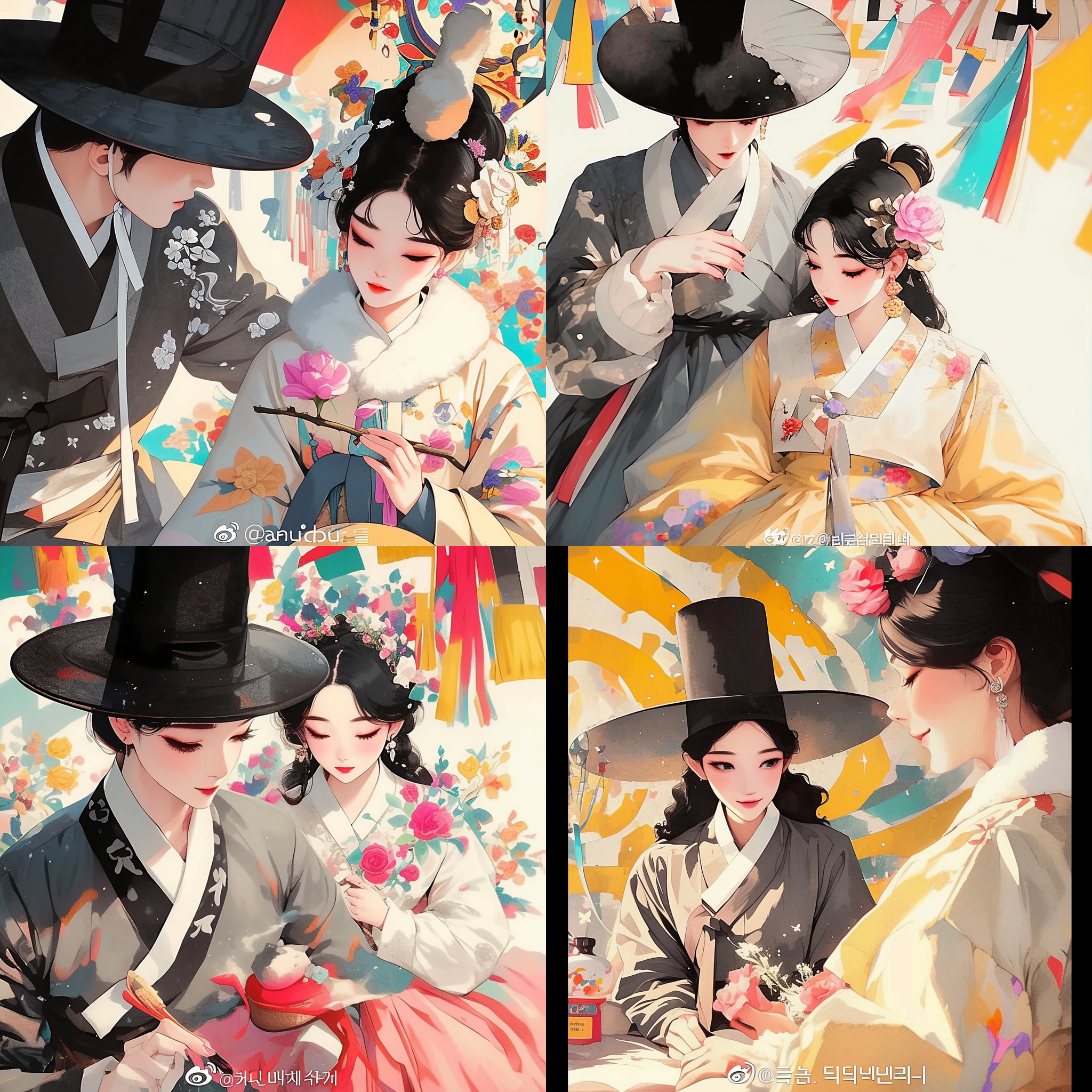 韩式服装，国潮风，漫画水彩，高清4k，两个人物，对角线布局，抱持玫瑰，笑容，柔和光线，色彩丰富，精致细节，温馨。