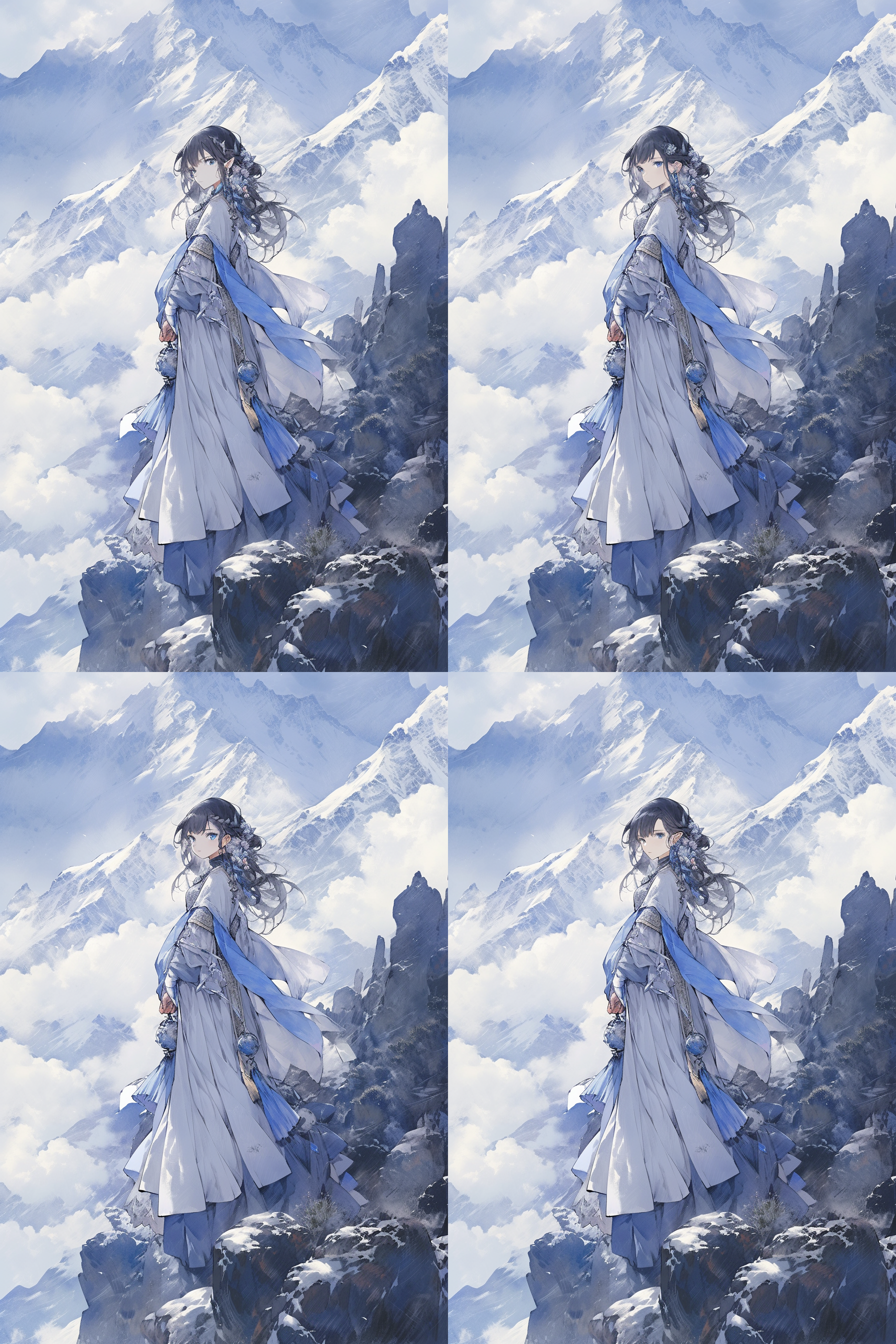 一个中国女孩，雪山，站立，有风，白色系，水彩，宫崎骏风格