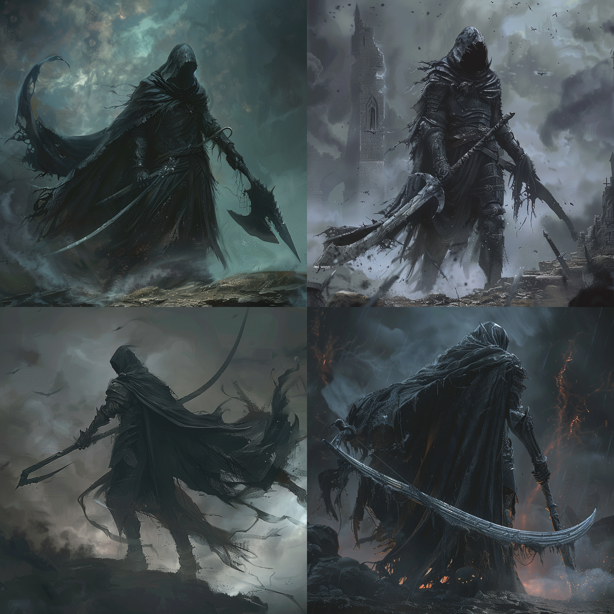 游戏人物插图，前景正面，厚重雾气，黑袍鼓楼，银盔甲骑士，死神，镰刀，漫画风格，写实风格，动作戏剧化，追逐，斩杀，暗色调，紧张。