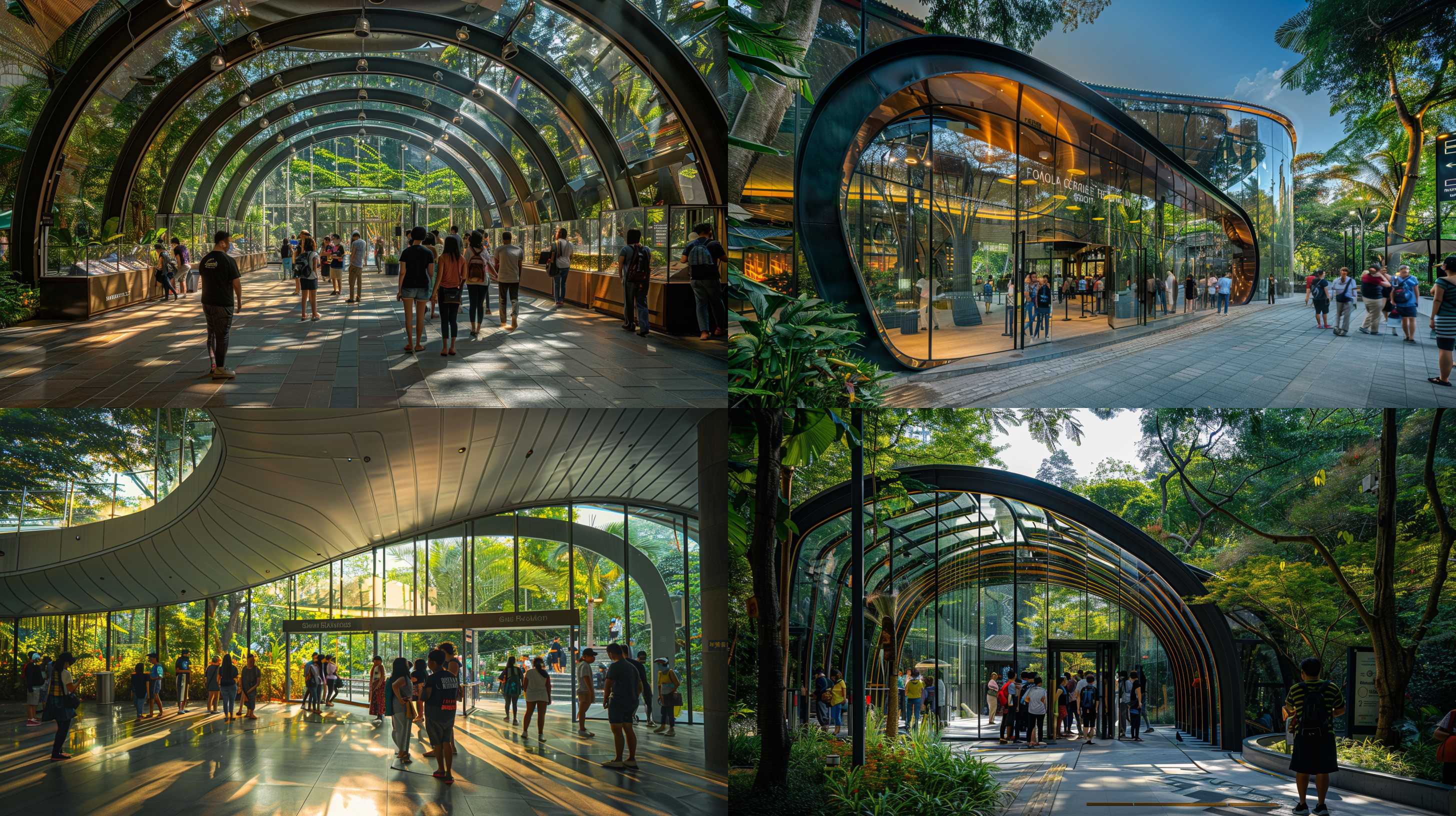 ticket center, entrance, glass arc wall guide, rain forest style, morning light, natural colors, super wide angle lens, ambient light, visitors line up, full of expectations.glass architectural shape, gorgeous and unique style