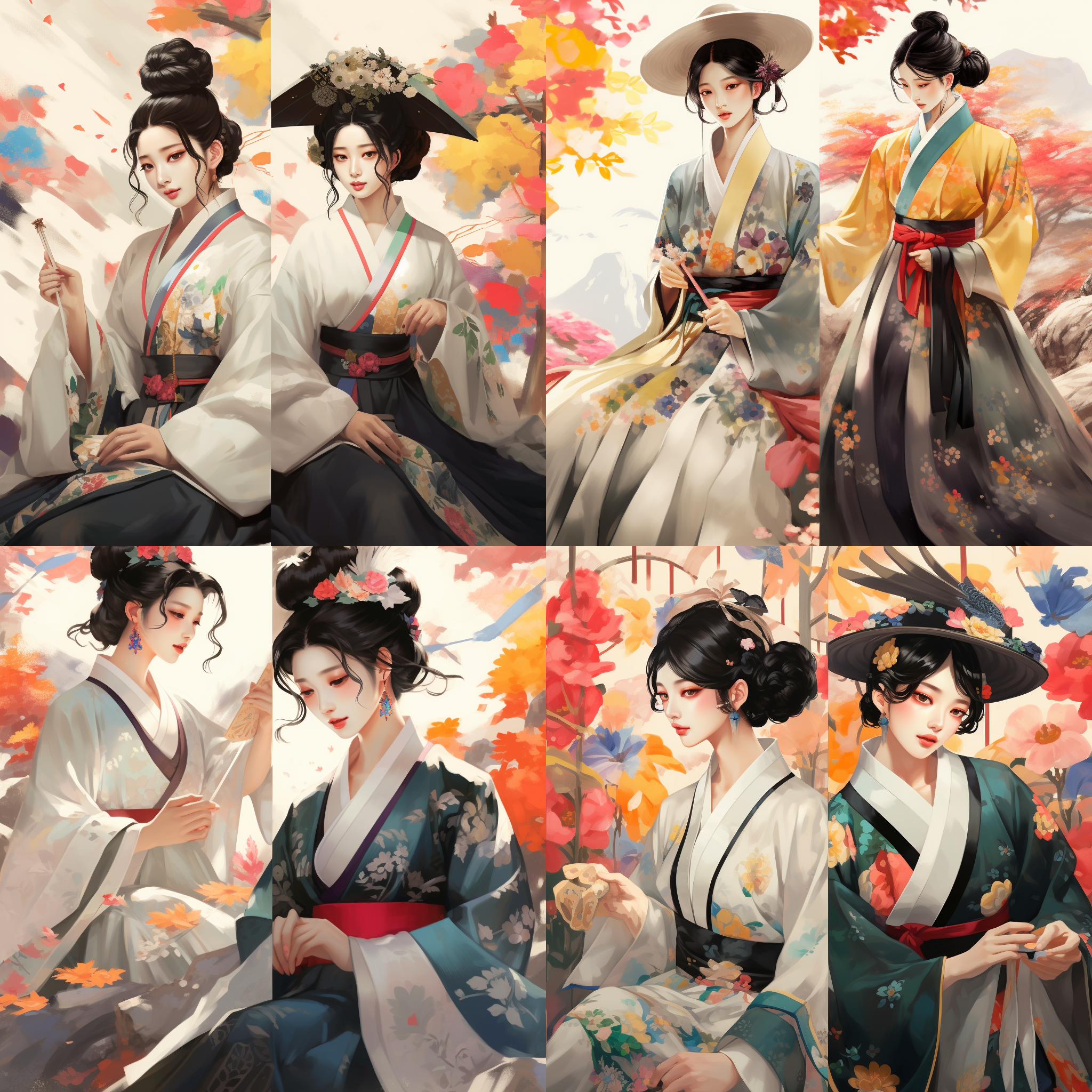 韩国服饰，国潮风，精致细节，漫画水彩，惊艳，色彩丰富，高清4k，两个人物，写实，完整的帽子，超清，无损