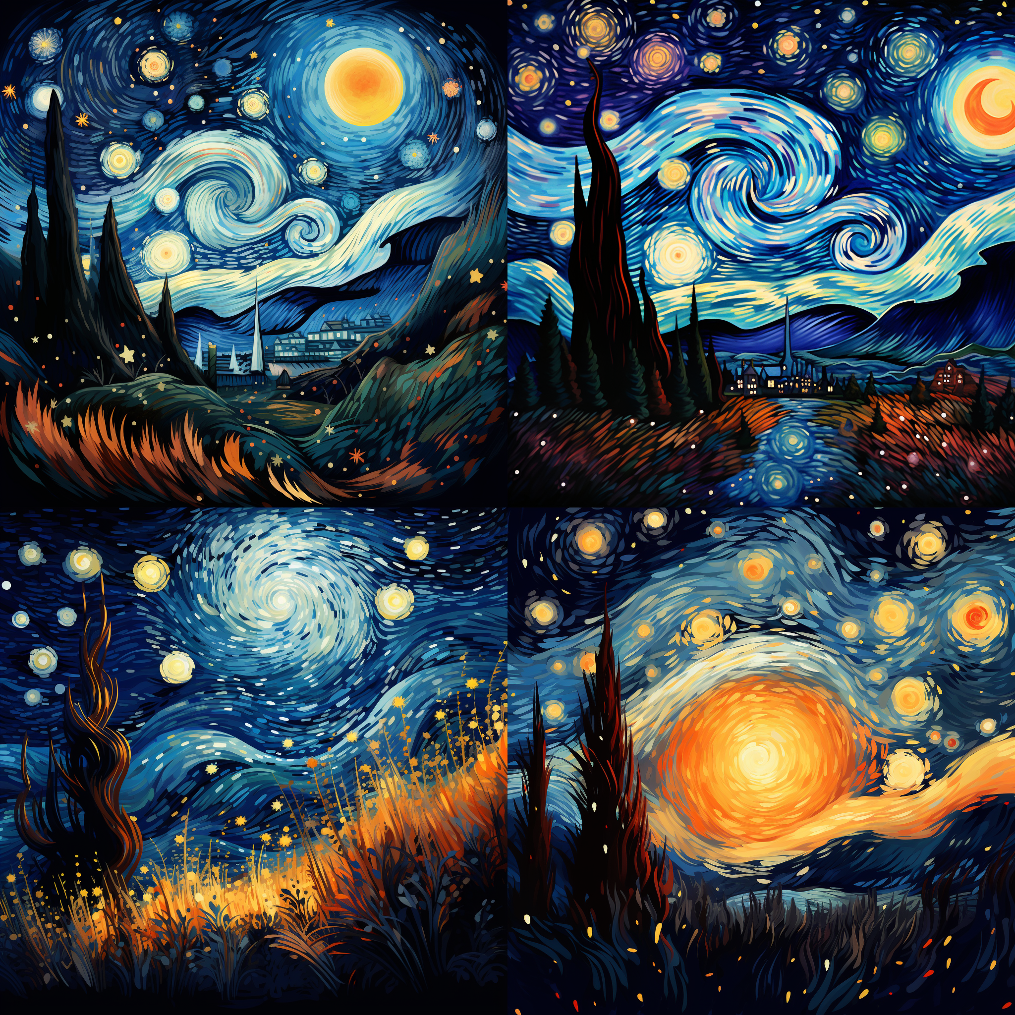 梵高星夜风格插图，复古图书馆内，夏夜绽放野花，萤火虫舞动，浪漫场景，多巴胺明亮色彩，尺寸16:9，润色100，采用尼基5相机，环境情感，色彩丰富，神秘氛围。