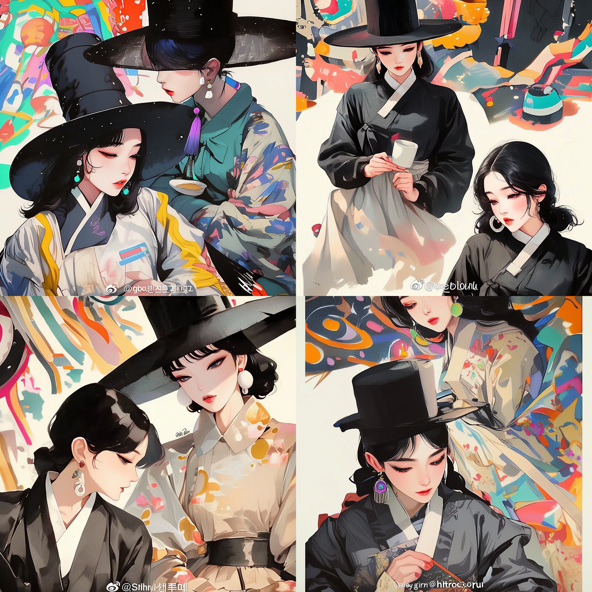 韩国服饰，国潮风，精致细节，漫画水彩，惊艳，色彩丰富，高清4k，两个人物，写实，