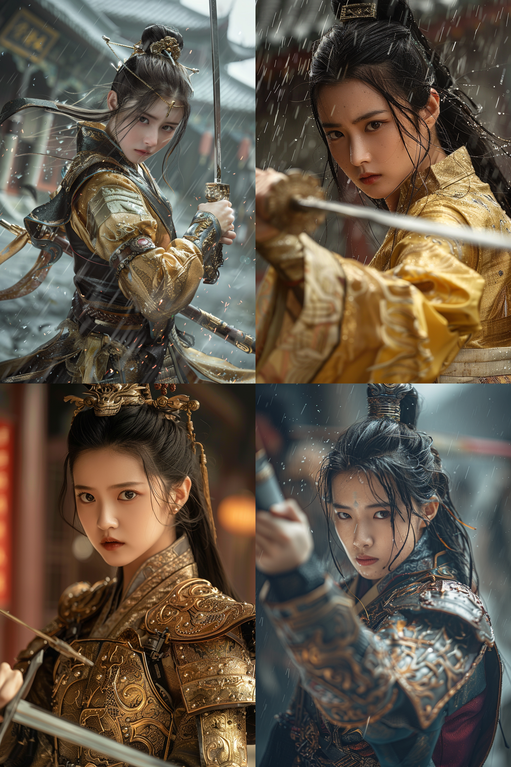 女英雄刘亦菲，暗金盔甲，暗红古装，手持剑，动作为武打对决姿势，侧面视角，神情凝重，赛博朋克背景，中式建筑，龙元素，高清图，虚幻背景，雨天，8k，徕卡镜头，剧烈动作，高对比度，梦幻色调