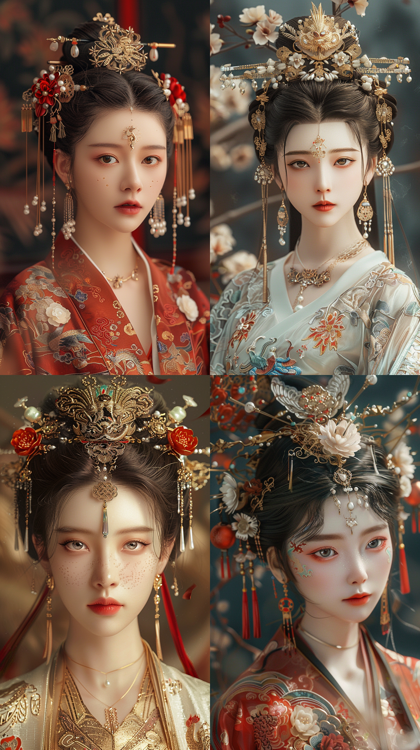 贵妃，柳眉凤眼，五官精致，华丽高椎鬓，插着金发簪珠花，无刘海，凤冠。穿着繁琐精致汉服，超逼真，超清画质，8k，威严，面对镜头，中国风，古装，3d