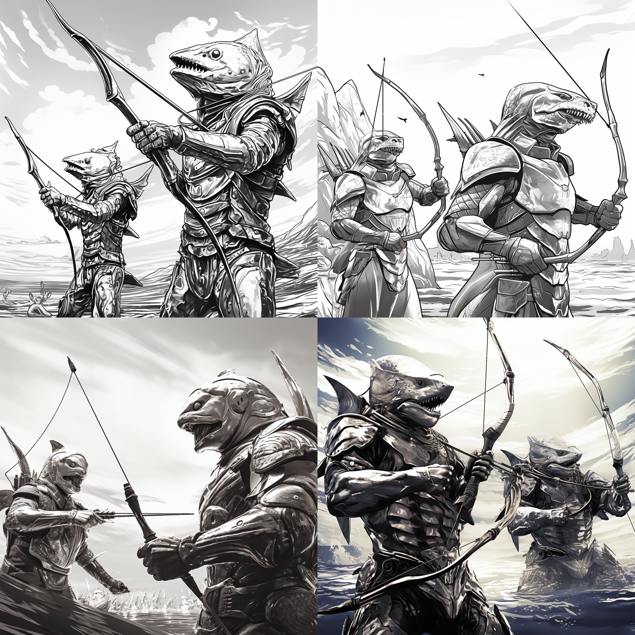 银色盔甲的鱼头人、鲨鱼人，手持弓箭，准备射击。三视图描述，水墨画风格，插画风格，漫画风格，写实风格，对角线布局，高对比度，室外环境，标准镜头，侧光，动作准备，黑白色调，冷色调，坚毅。