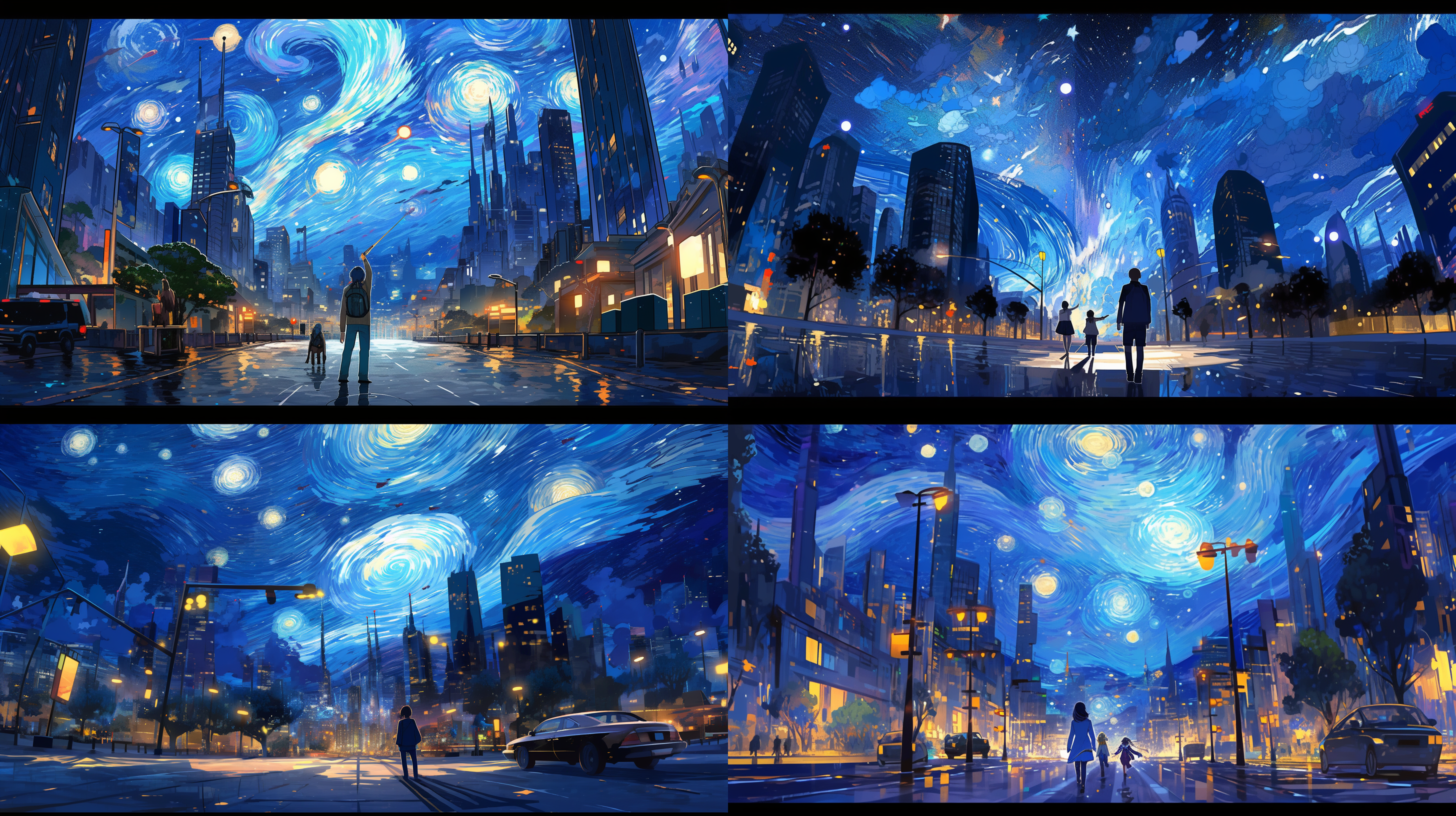 van gogh the starry night style illustration,modern style illustration,dopamine color scheme,a city street with roads extending into the distance,clear zebra crossings in close shots,(((boys dragging suitcases and girls holding flowers on opposite sides))),modern city background,high-rise buildings,flickering lights,clear night sky,starry spots,street lights and starlight reflecting on the ground,forming a soft light and shadow,with dim characters and bright background,wide-angle lens